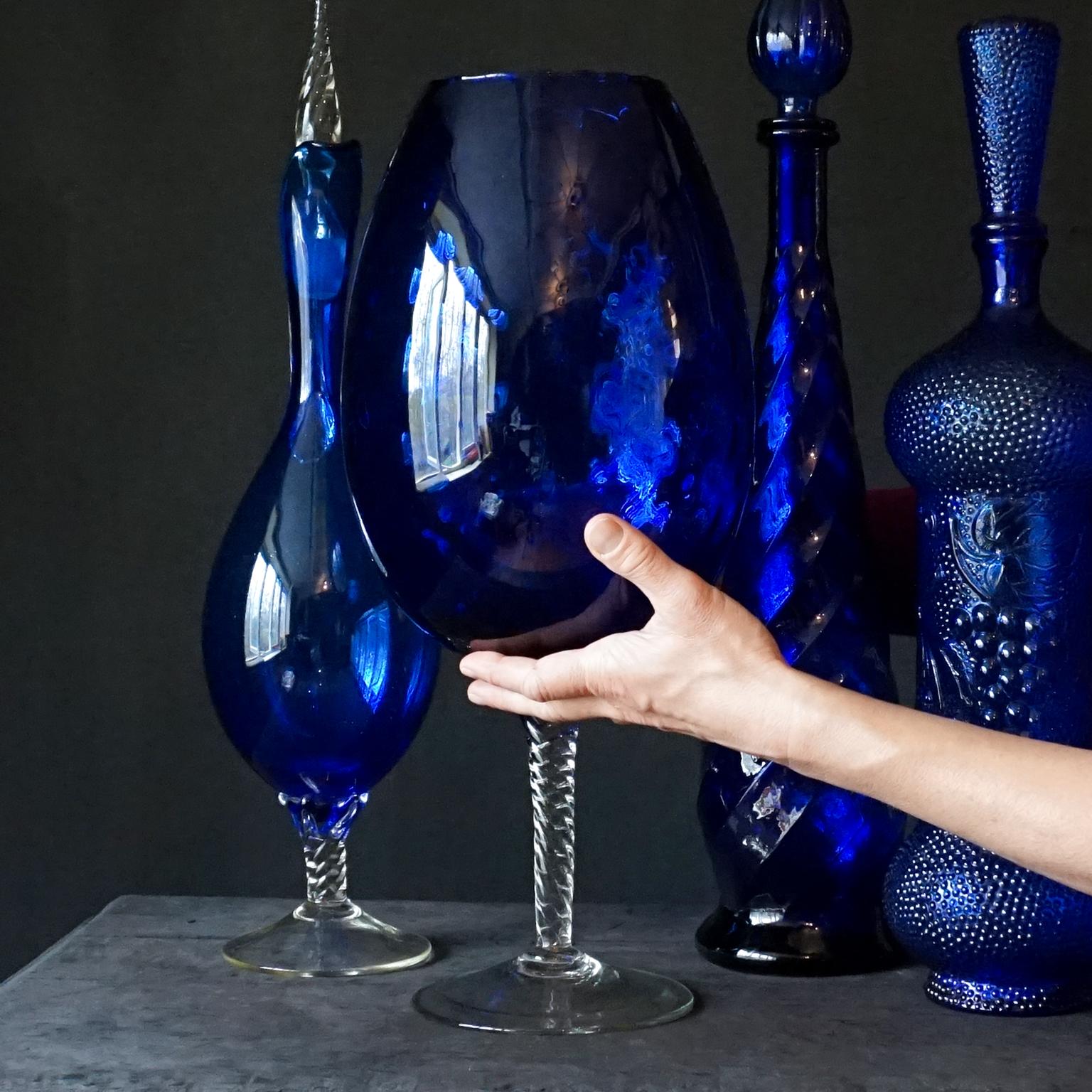 Mid-Century Modern 1960s Blue Glass Italian Empoli Set of Eight Genie Bottles Vases and Candy Jars
