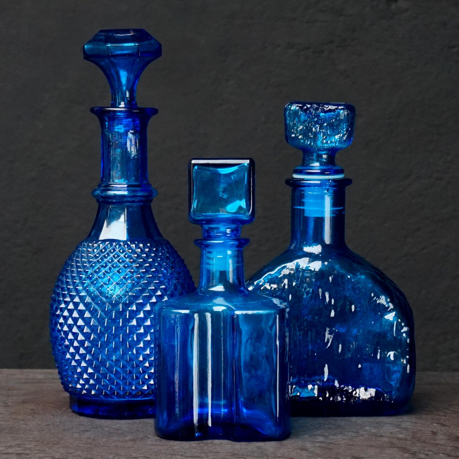 1960s Blue Glass Italian Empoli Set of Ten Bottles or Decanters and Candy Jars 4