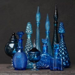 1960s Blue Glass Italian Empoli Set of Ten Bottles or Decanters and Candy Jars