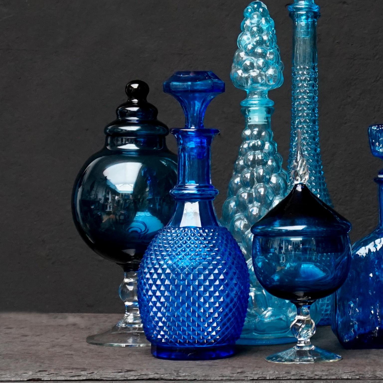 Mid-Century Modern 1960s Blue Glass Italian Empoli Set of Ten Bottles or Decanters and Candy Jars