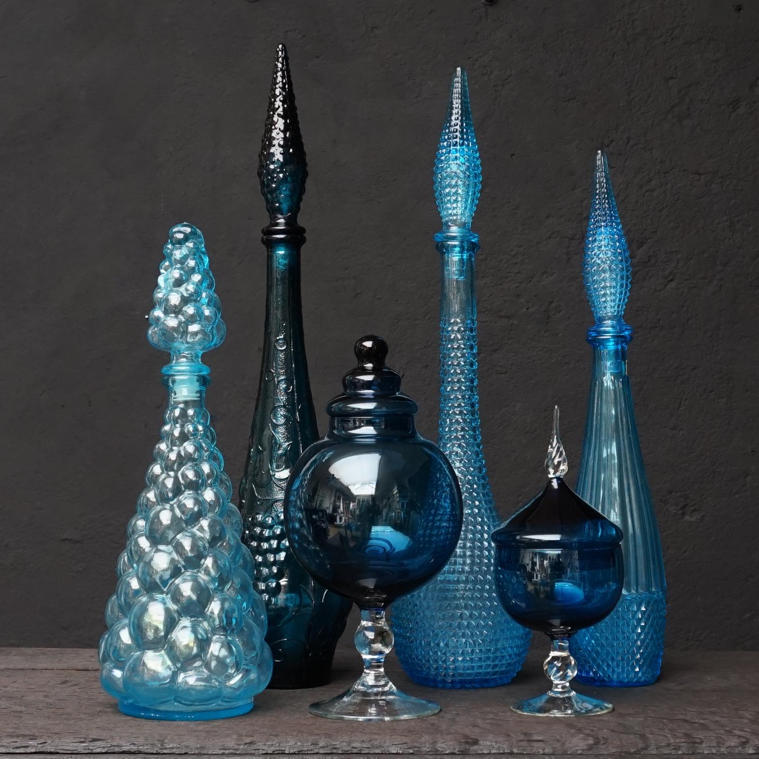 1960s Blue Glass Italian Empoli Set of Ten Bottles or Decanters and Candy Jars In Good Condition In Haarlem, NL