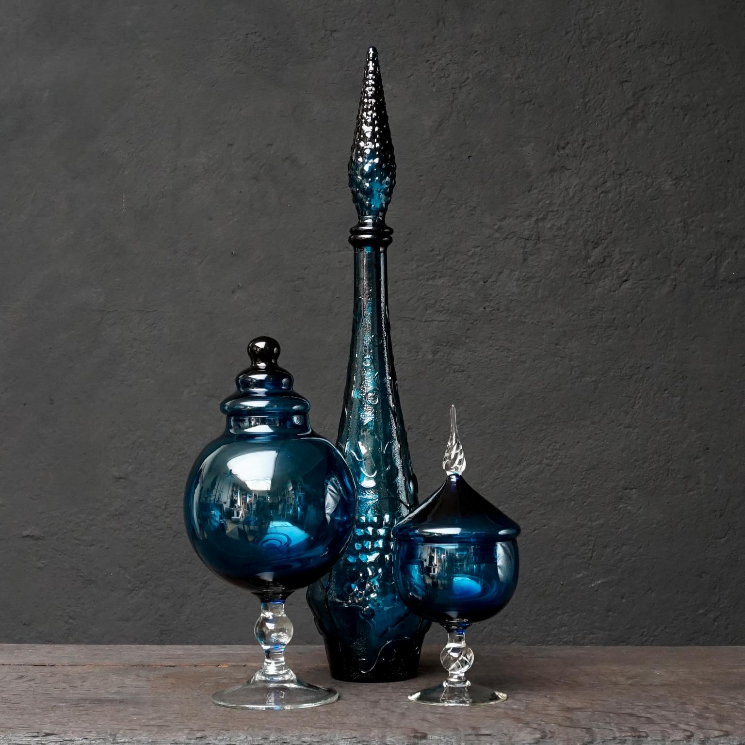 20th Century 1960s Blue Glass Italian Empoli Set of Ten Bottles or Decanters and Candy Jars