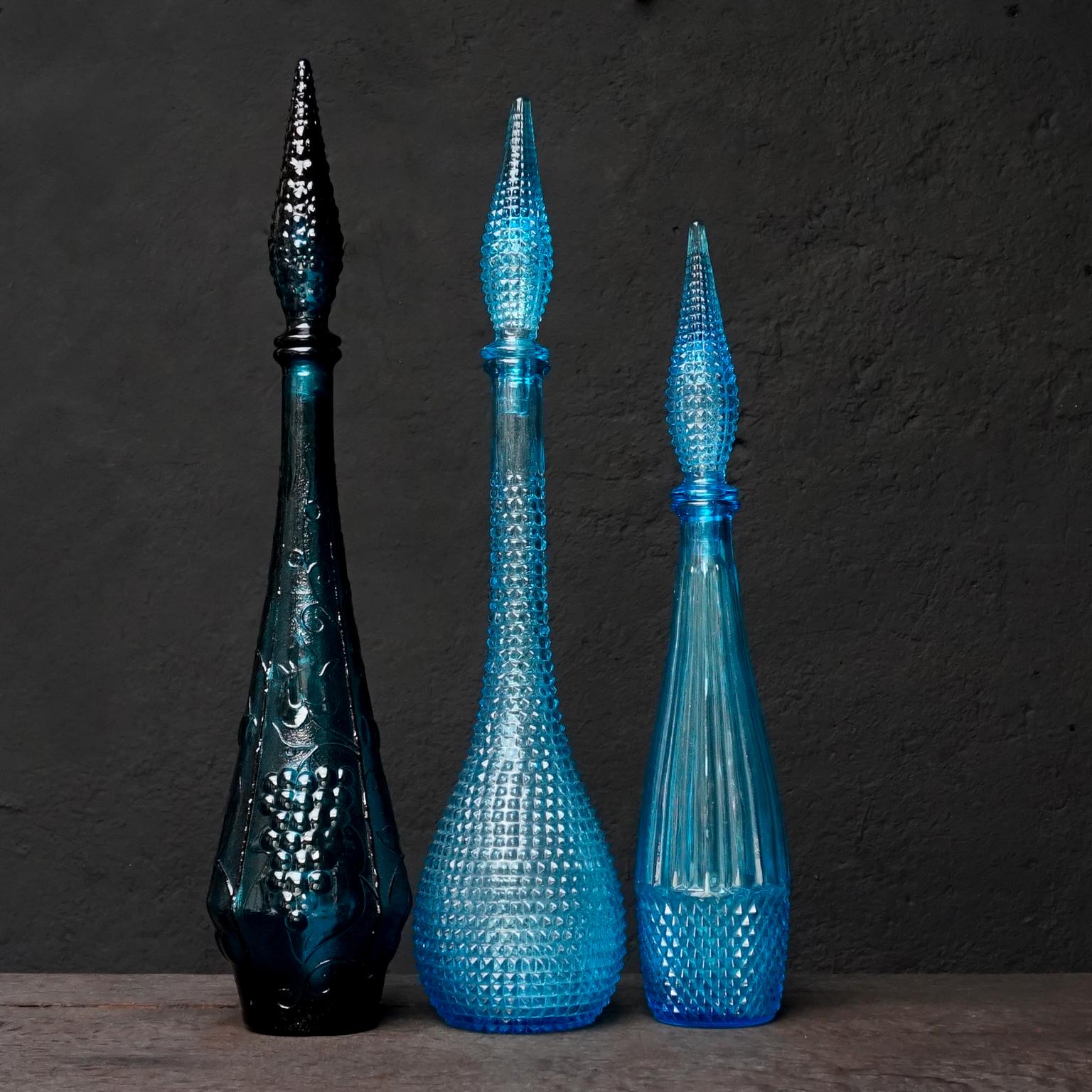 1960s Blue Glass Italian Empoli Set of Ten Bottles or Decanters and Candy Jars 1
