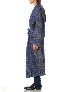 1960S Blue & Gold Rayon Silk Asia Jacquard Mens Lined Smoking Duster Robe