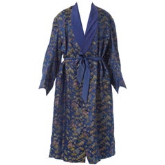 Vintage 1960S Blue & Gold Rayon Silk Asia Jacquard Mens Lined Smoking Duster Robe