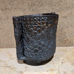 1960s Architectural Textured Pottery Planter Blue Gray Garden Pot