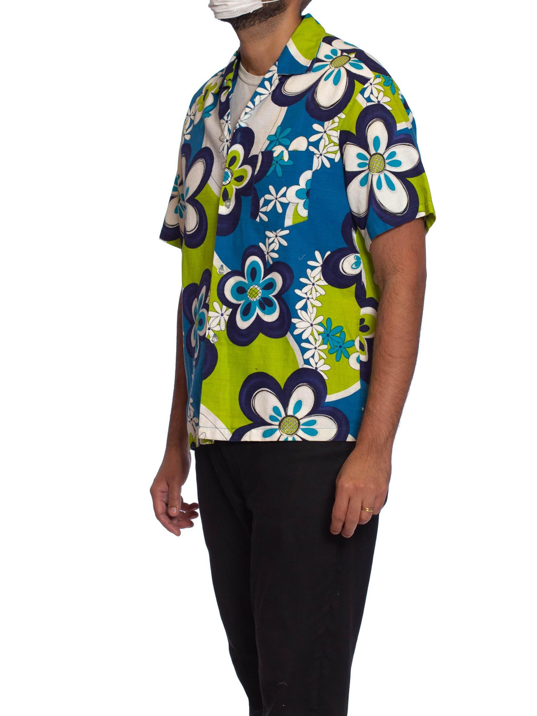1960S Blue & Green Cotton Barkcloth Men's Mod Floral Hawaiian Shirt 1