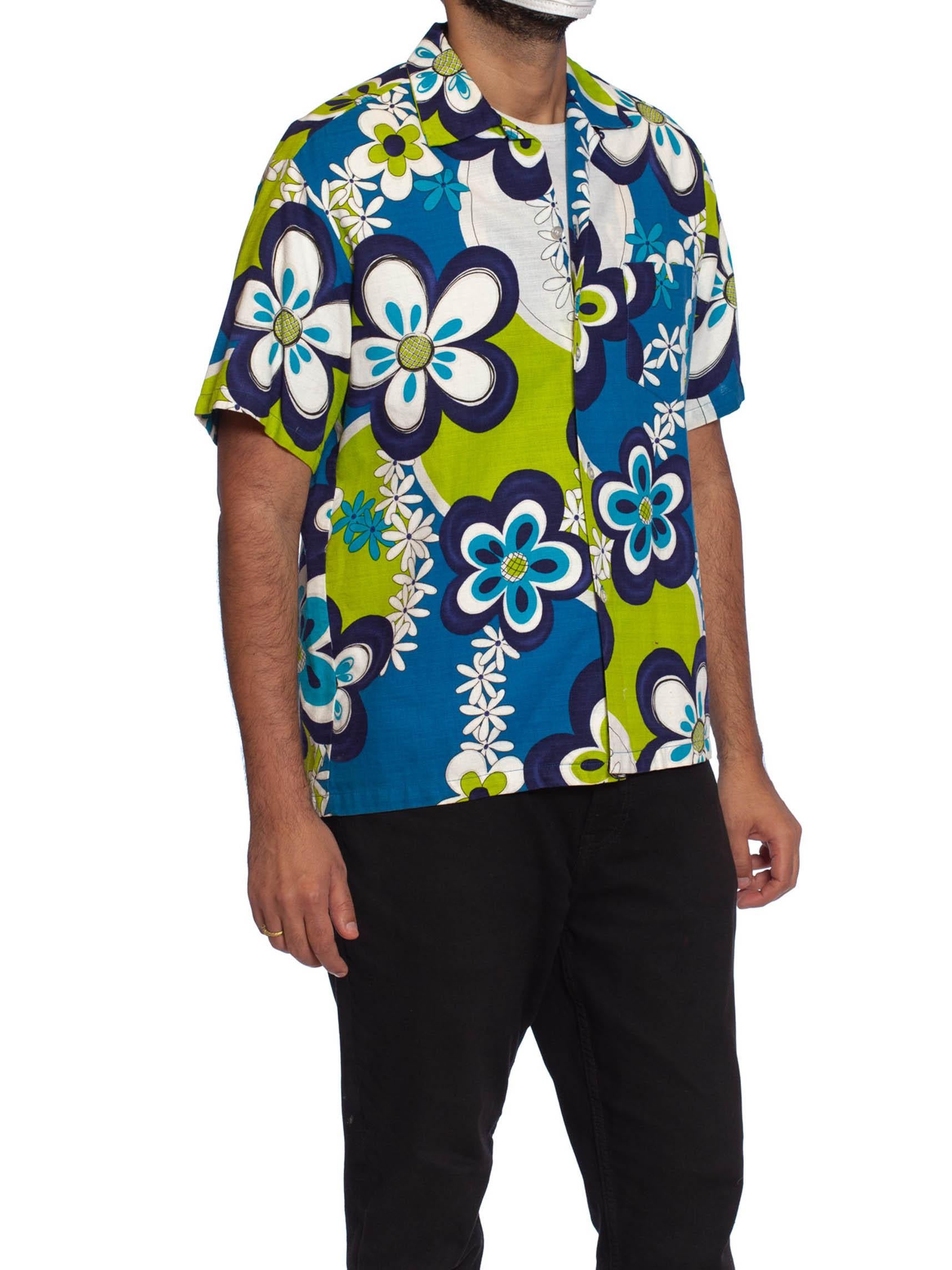 1960S Blue & Green Cotton Barkcloth Men's Mod Floral Hawaiian Shirt 2