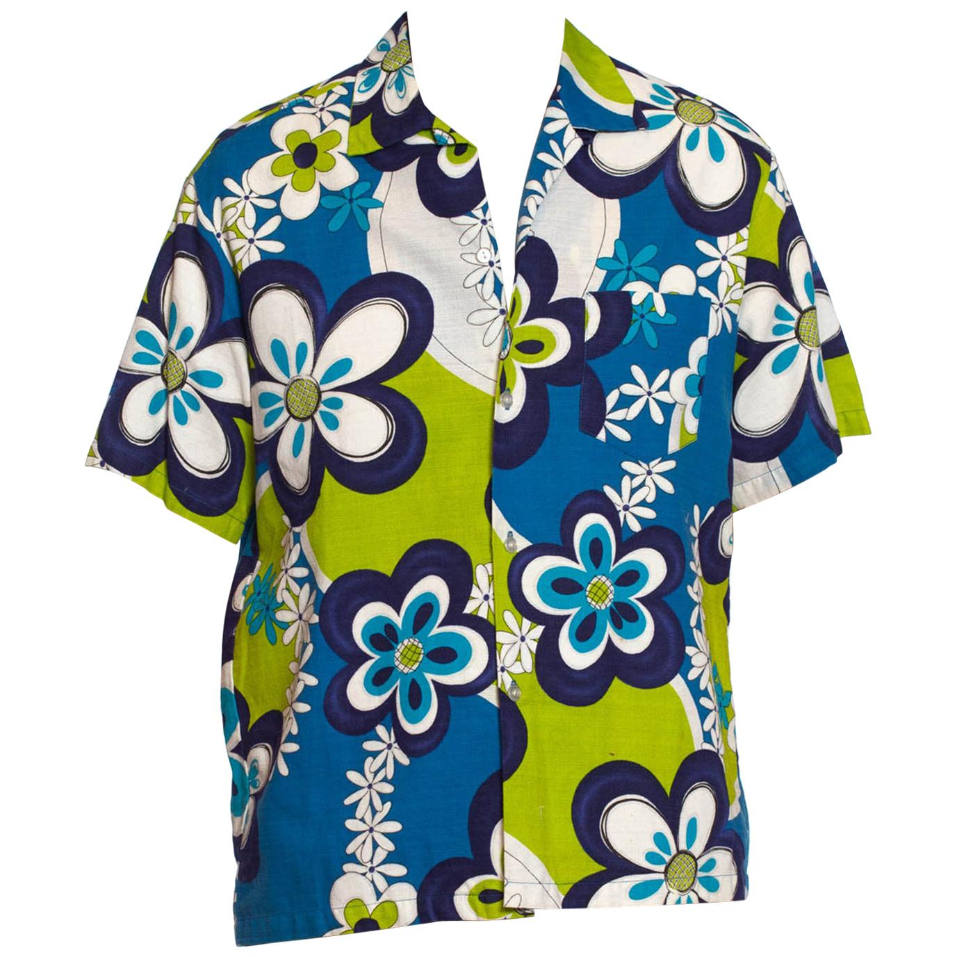 1960S Blue & Green Cotton Barkcloth Men's Mod Floral Hawaiian Shirt
