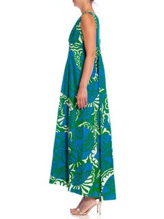 1960S Blue & Green Cotton Hawaiian Tiki Floral Print Dress