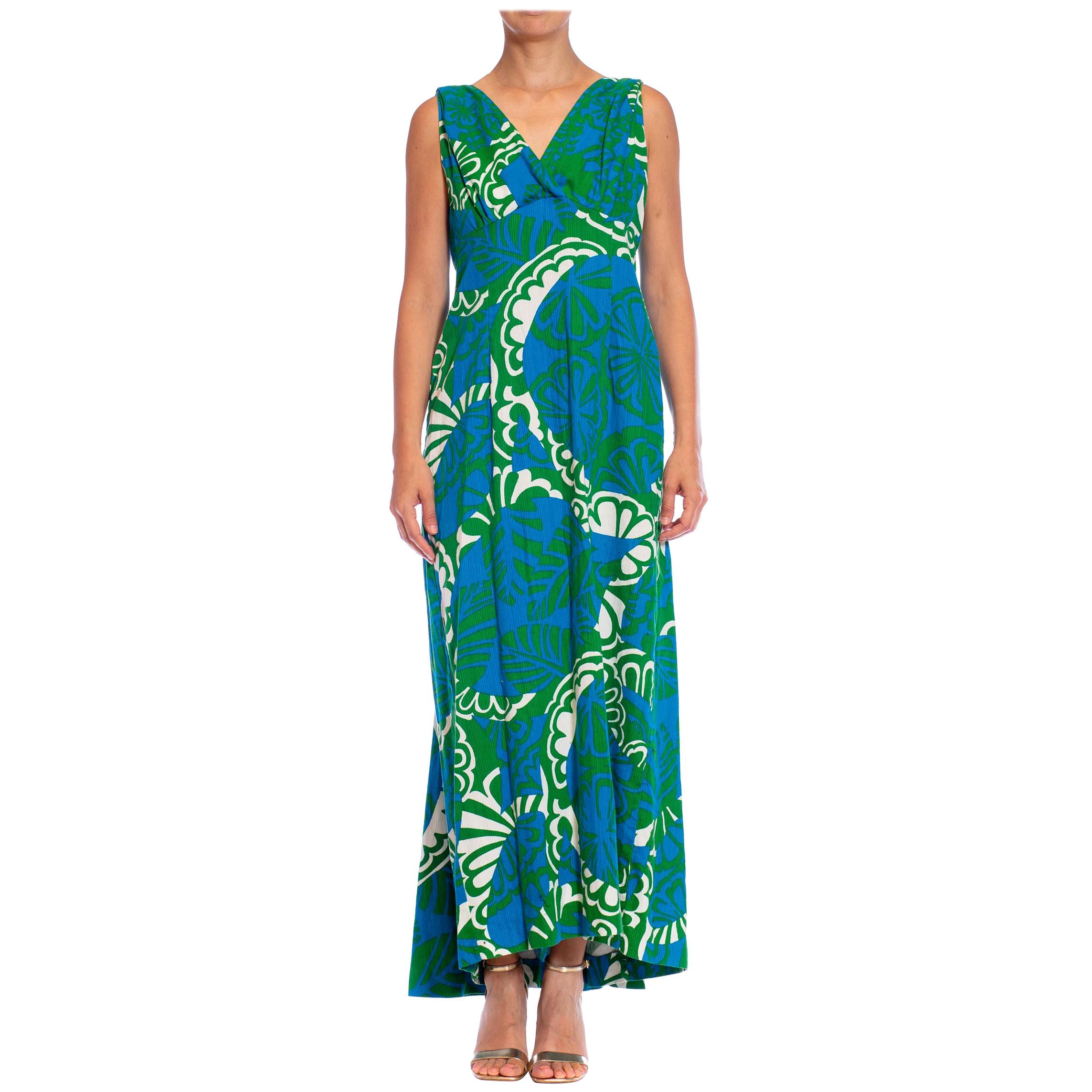 1960S Blue 
Green Cotton Hawaiian Tiki Floral Print Dress