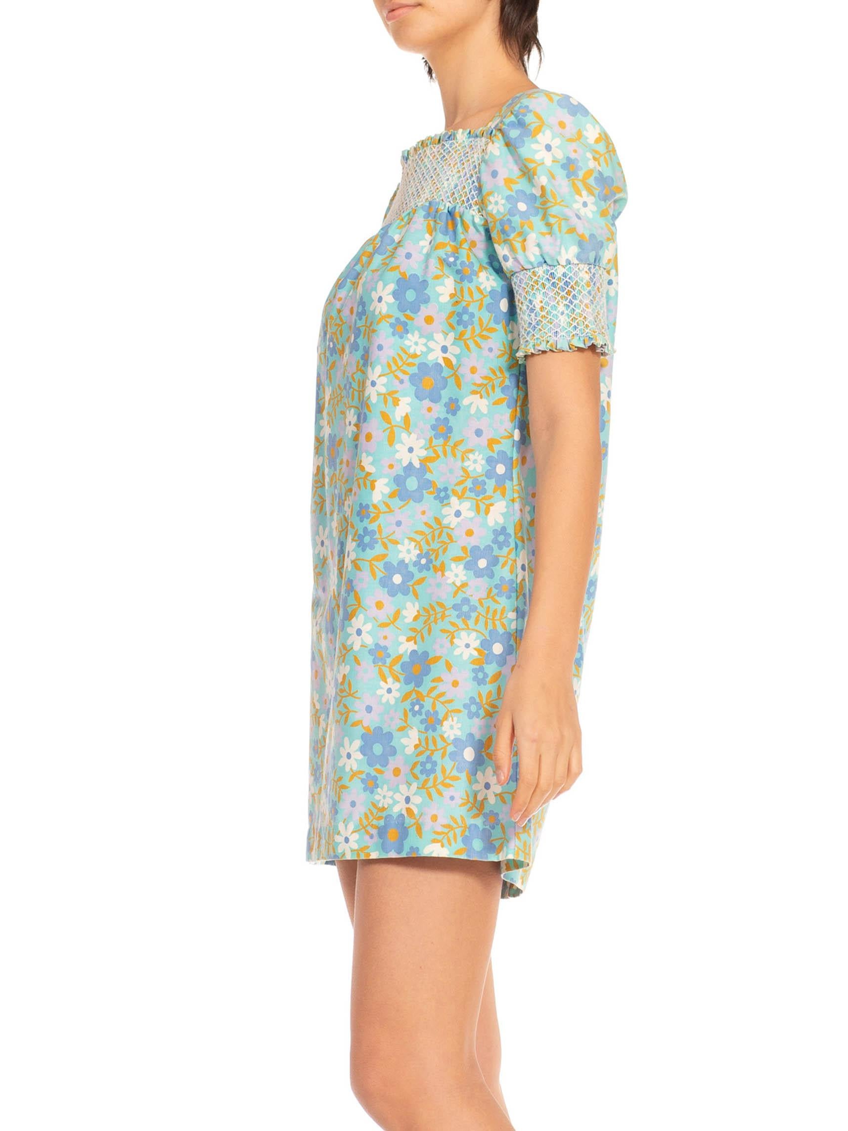 Gray 1960S Blue & Green Cotton Mod Floral Dress For Sale