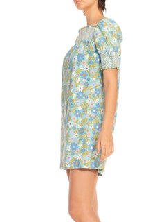 1960S Blue & Green Cotton Mod Floral Dress