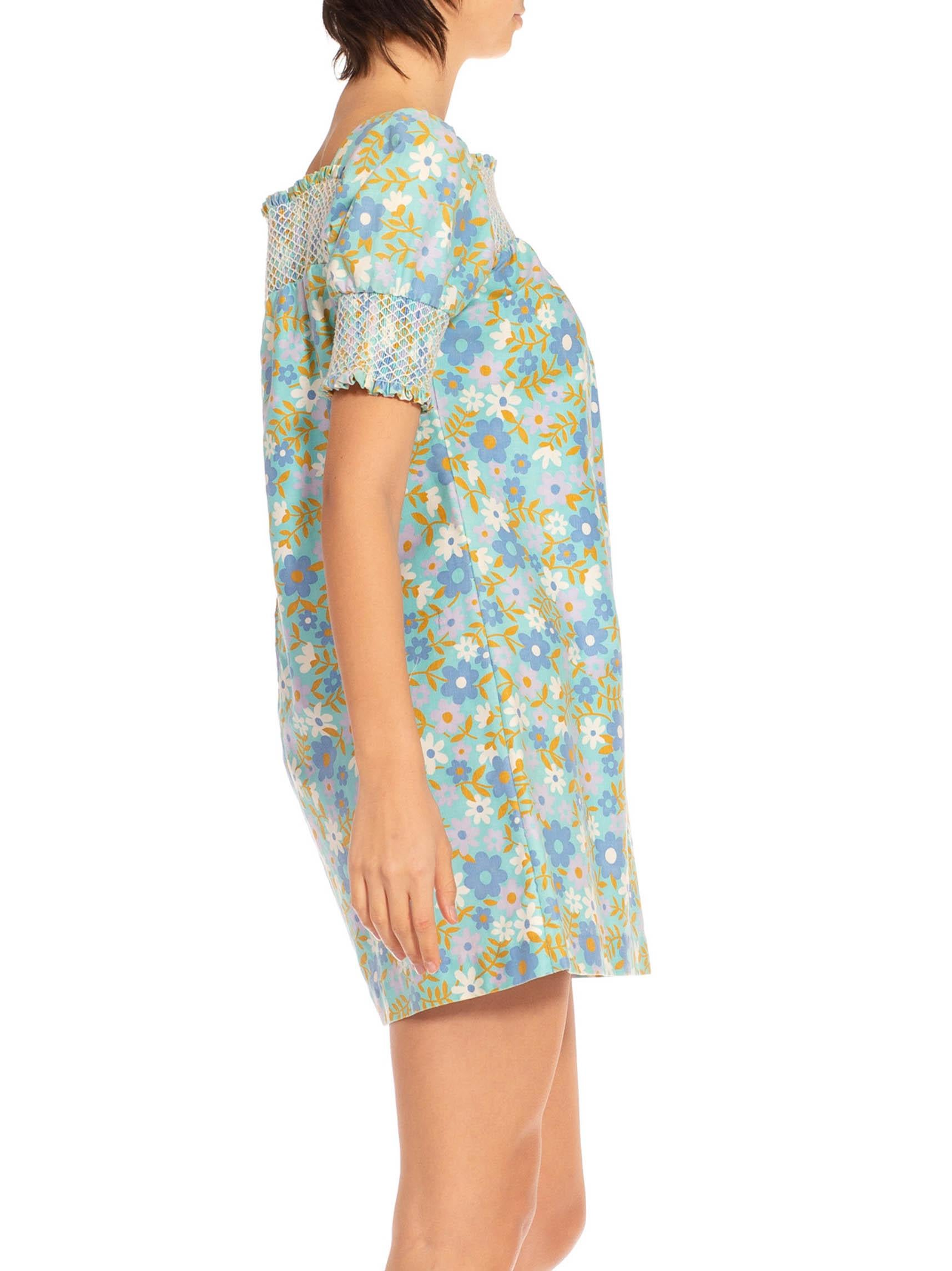 1960S Blue & Green Cotton Mod Floral Dress In Excellent Condition For Sale In New York, NY
