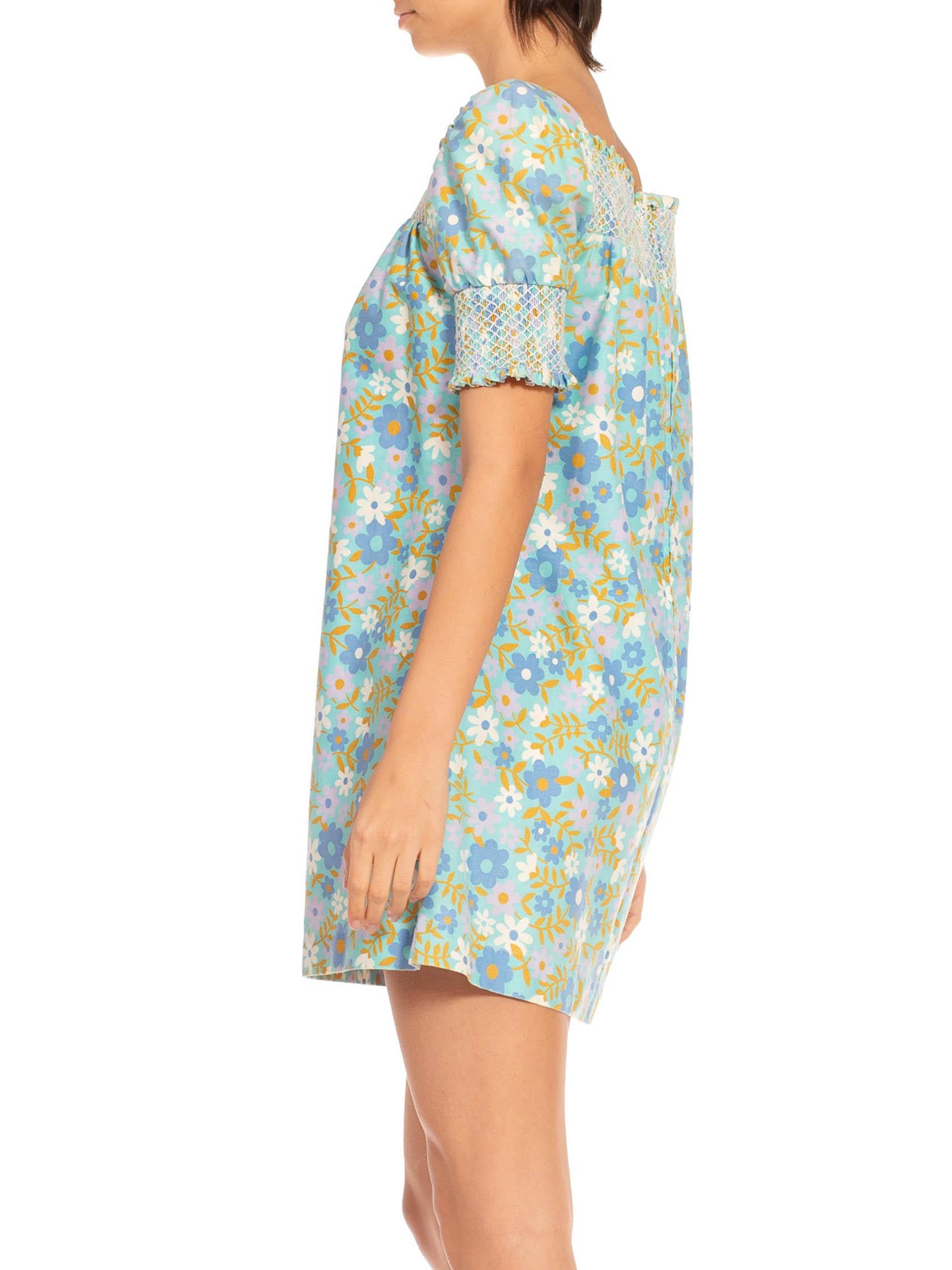 1960S Blue & Green Cotton Mod Floral Dress For Sale 1