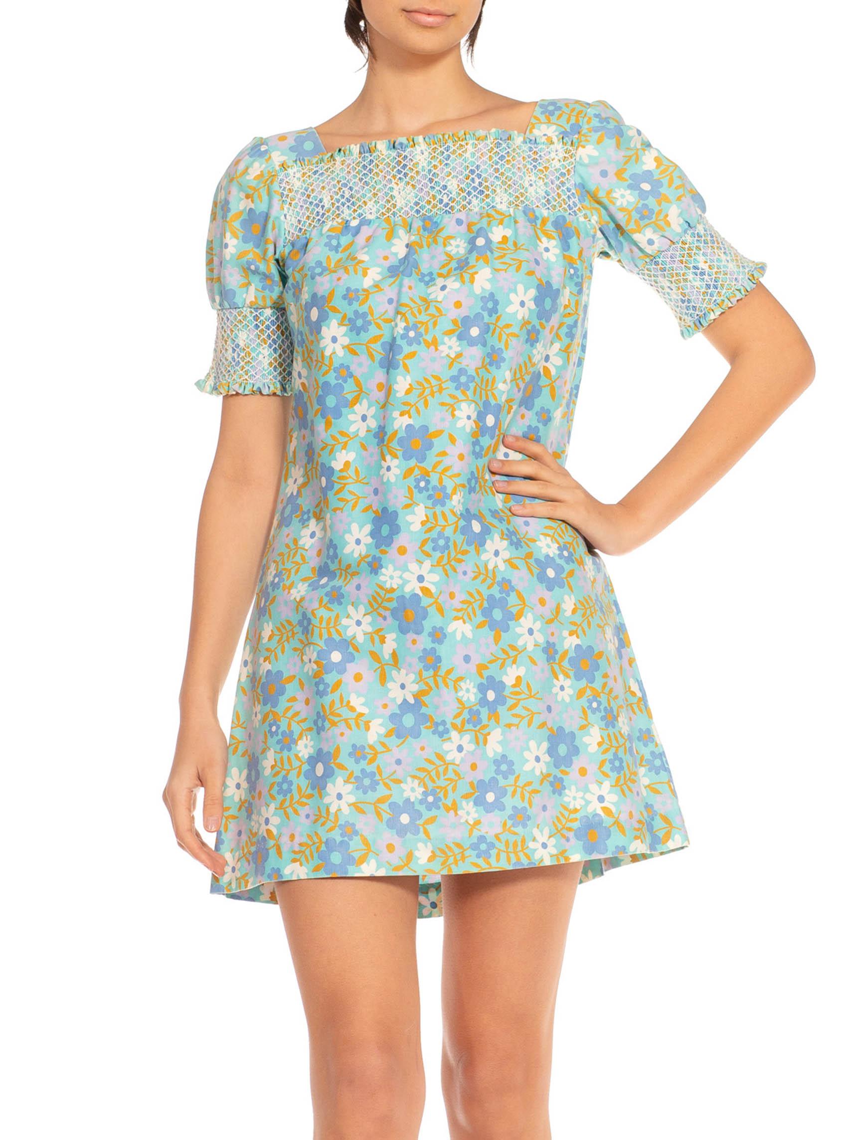 1960S Blue & Green Cotton Mod Floral Dress For Sale 3