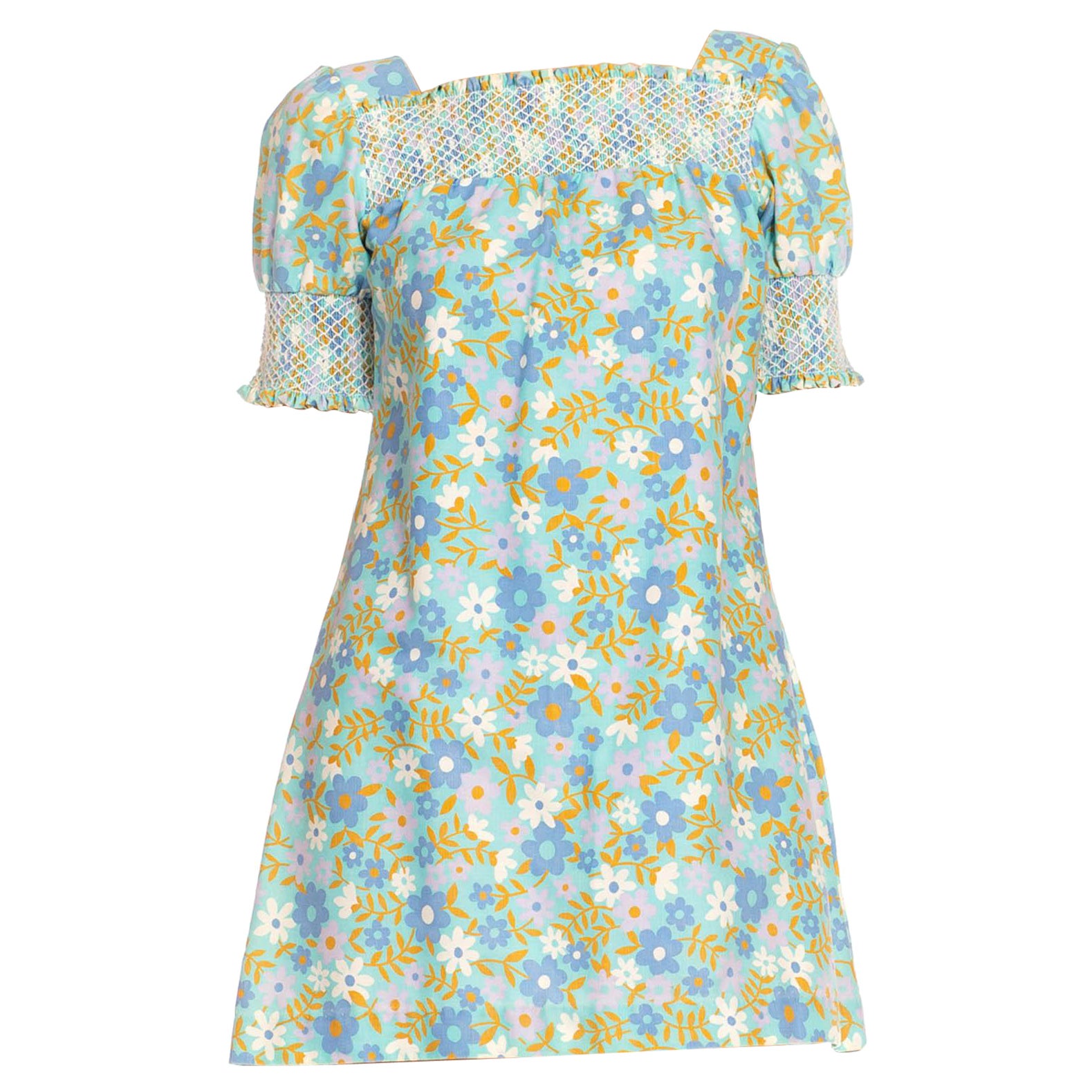 Vestido Floral Mod de Algodón Azul y Verde 1960S