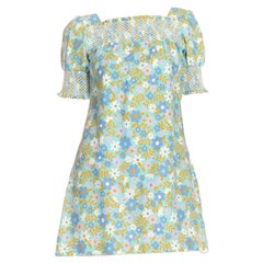 Robe à fleurs modulaire en coton bleu et vert, années 1960