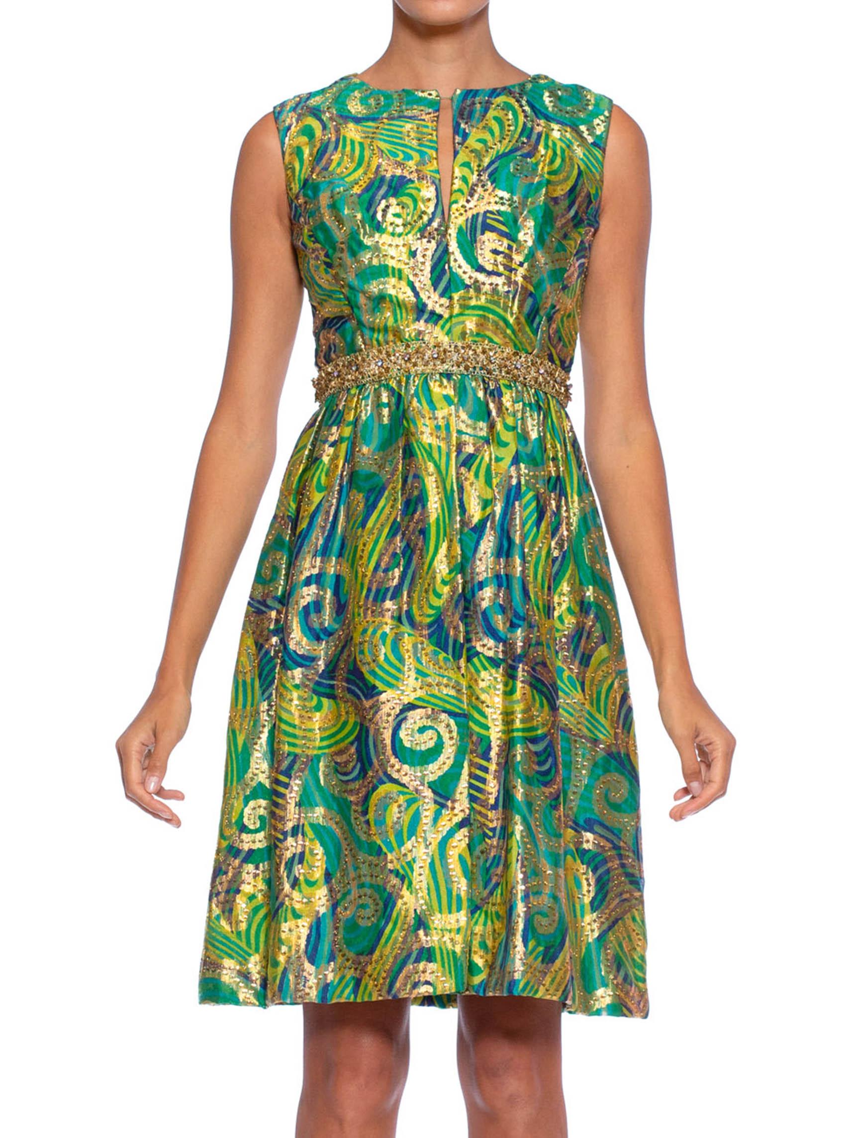 1960S Blue & Green Gold Lamé Rayon/Lurex Damask Paisley Cocktail Dress.  Slight damage in the interior lining of the dress.