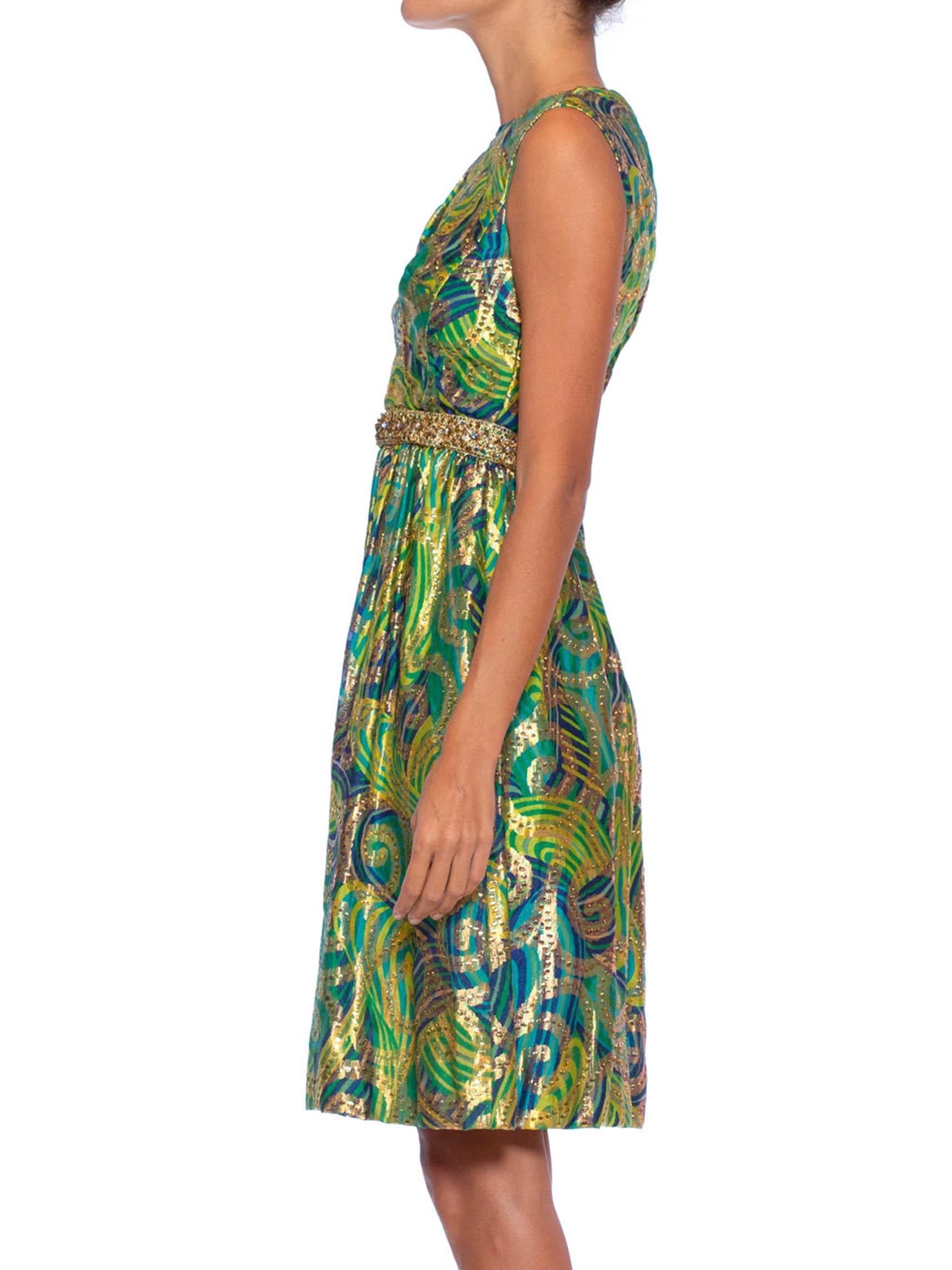 Gray 1960S Blue & Green Gold Lamé Rayon/Lurex Damask Paisley Cocktail Dress For Sale