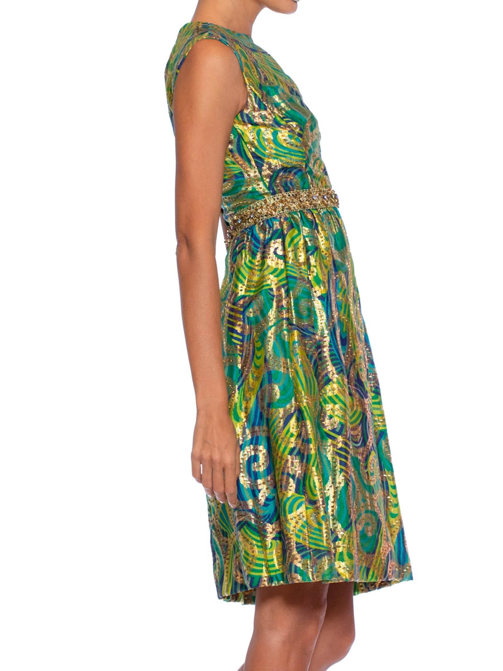1960S Blue & Green Gold Lamé Rayon/Lurex Damask Paisley Cocktail Dress In Good Condition For Sale In New York, NY