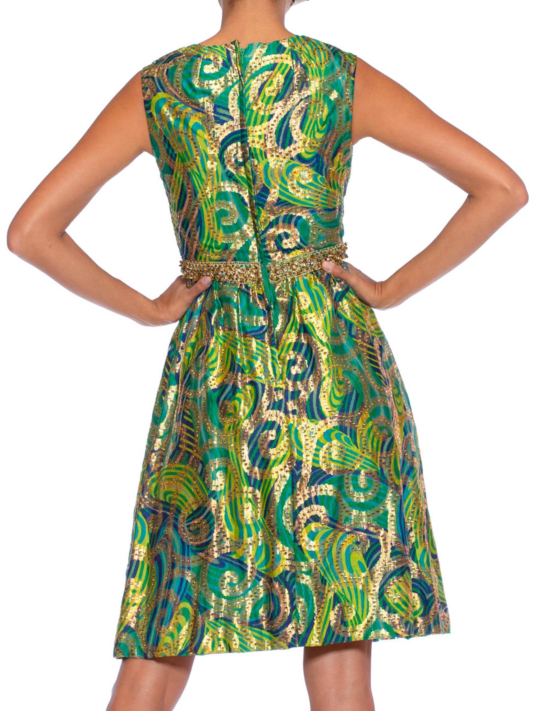 Women's 1960S Blue & Green Gold Lamé Rayon/Lurex Damask Paisley Cocktail Dress For Sale