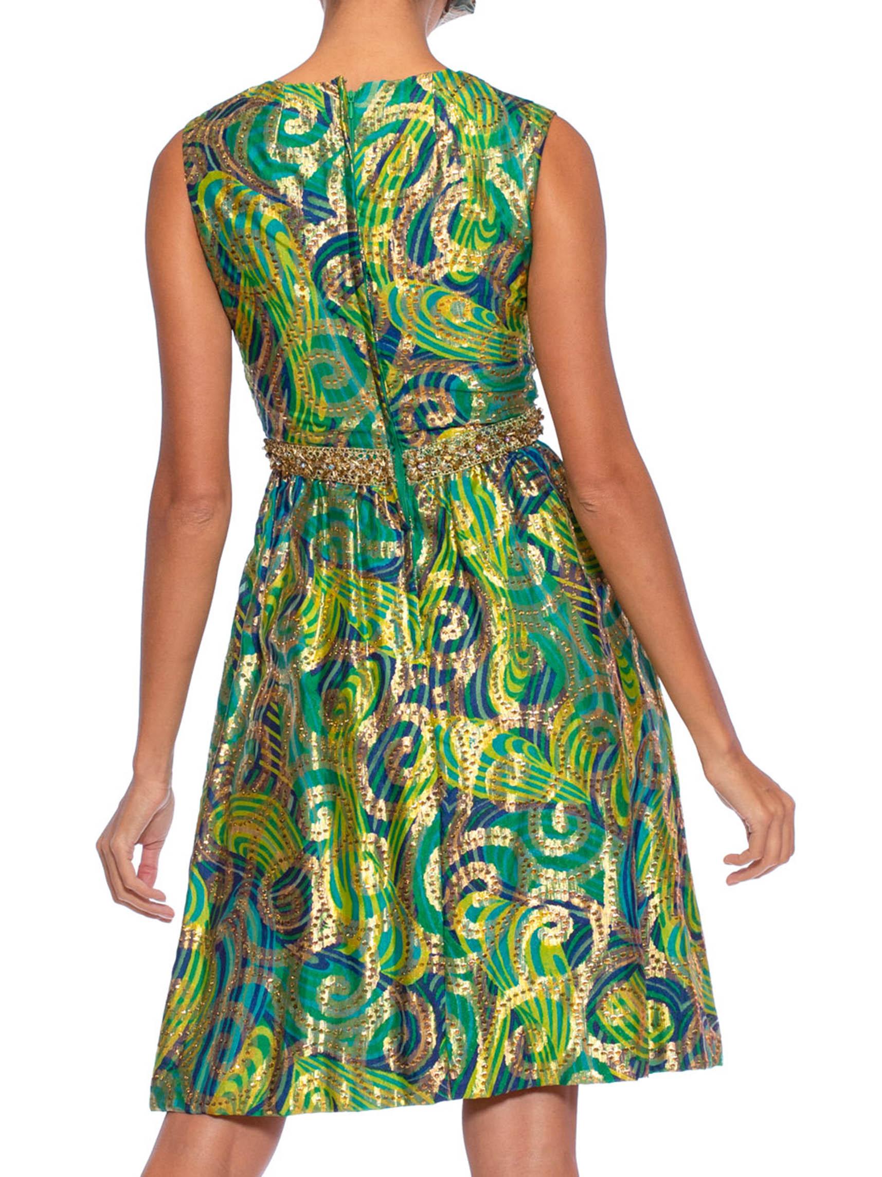 1960S Blue & Green Gold Lamé Rayon/Lurex Damask Paisley Cocktail Dress For Sale 1