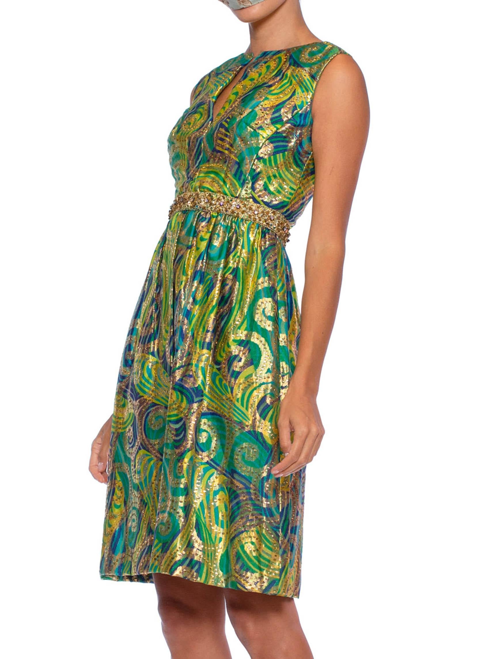 Women's 1960S Blue & Green Gold Lamé Rayon/Lurex Damask Paisley Cocktail Dress For Sale