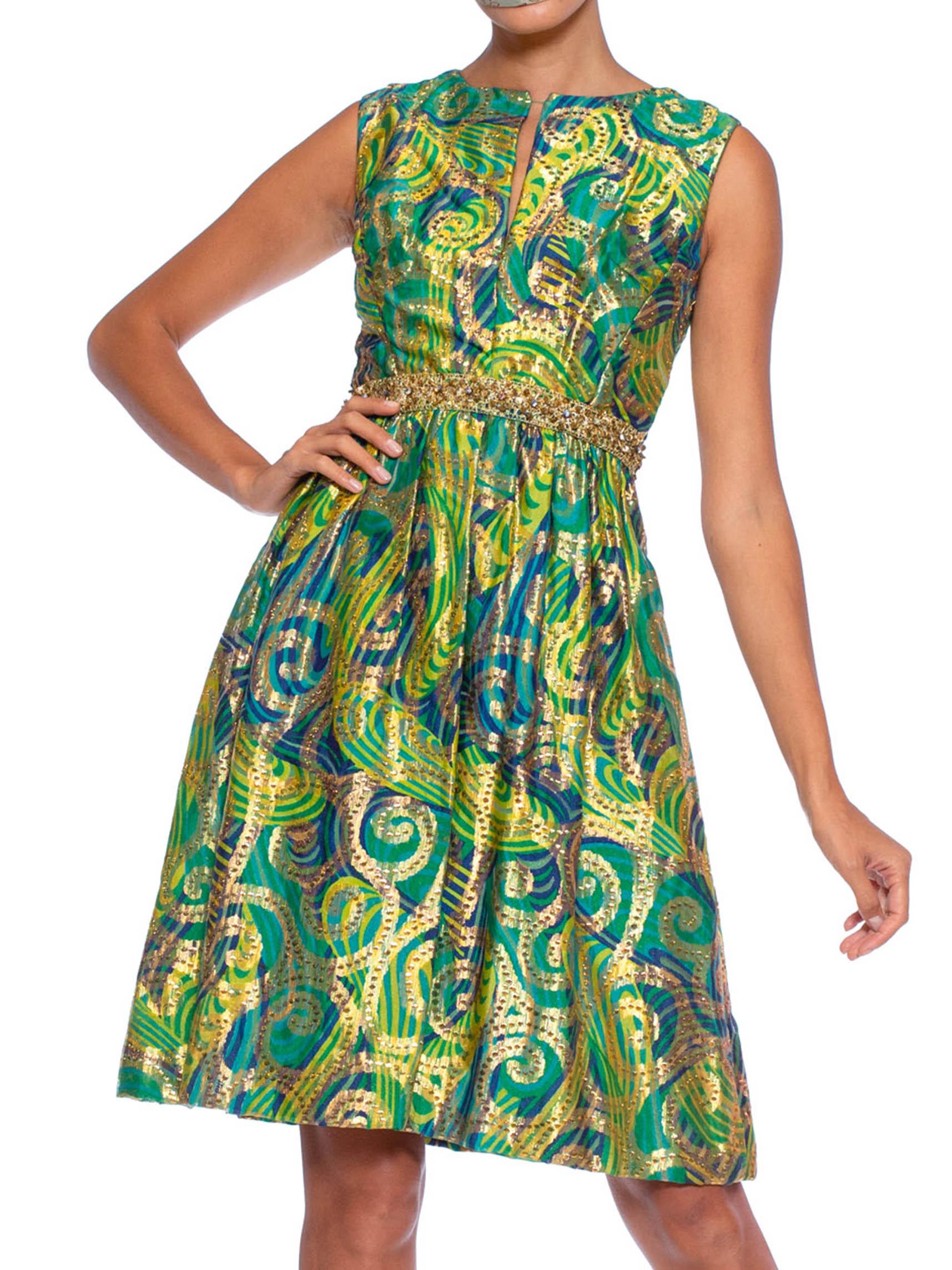 1960S Blue & Green Gold Lamé Rayon/Lurex Damask Paisley Cocktail Dress For Sale 3