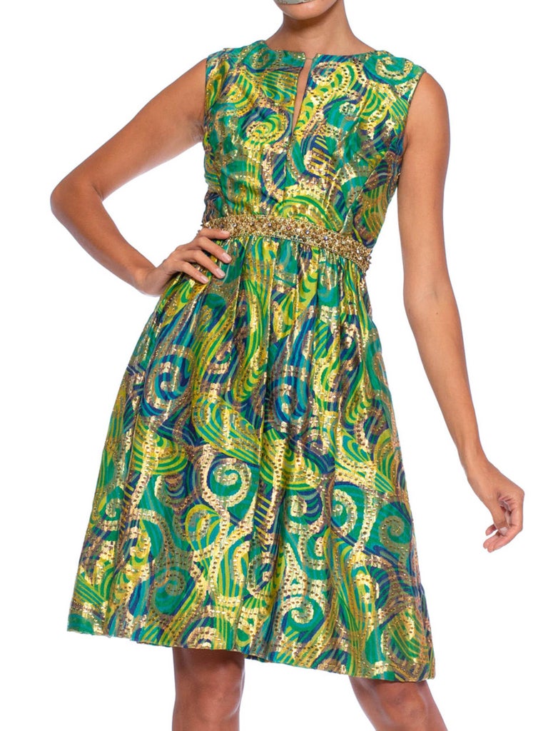 1960S Blue and Green Gold Lam Rayon/Lurex Damask Paisley Cocktail Dress  For Sale at 1stDibs