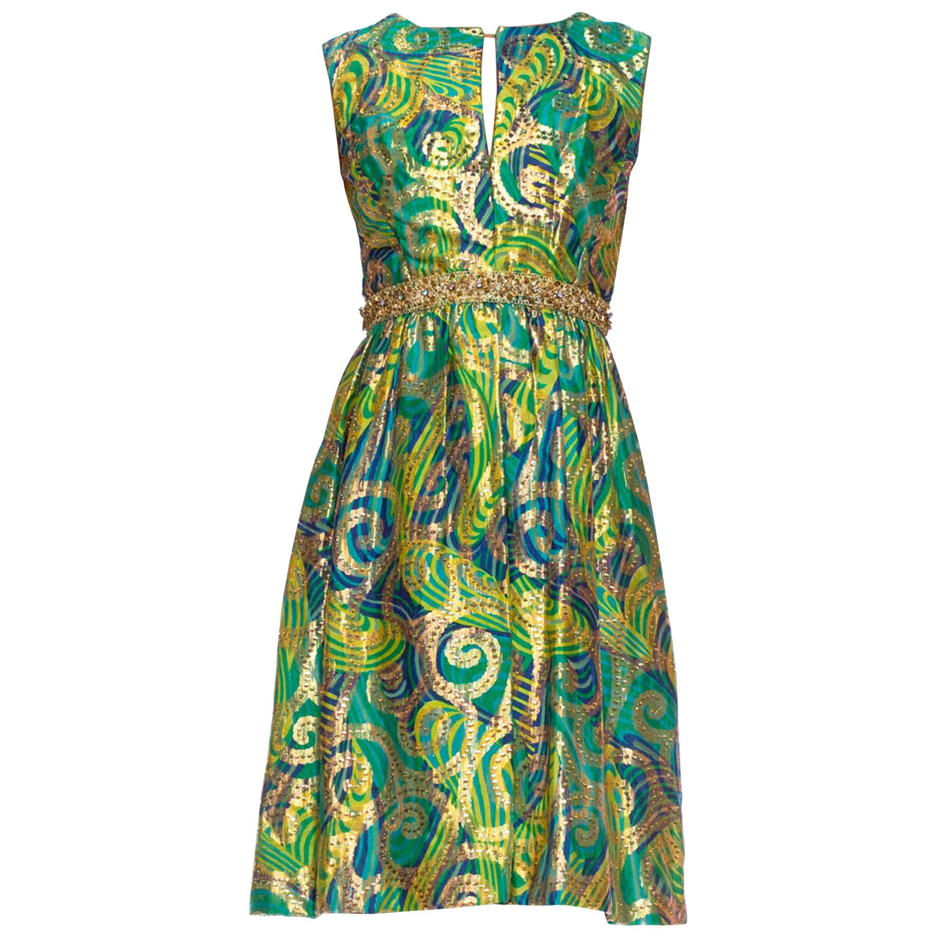1960S Blue & Green Gold Lamé Rayon/Lurex Damask Paisley Cocktail Dress