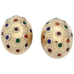 1960s Blue, Green, Orange and Red, Enamel Egg Shaped Gold Earrings with Posts
