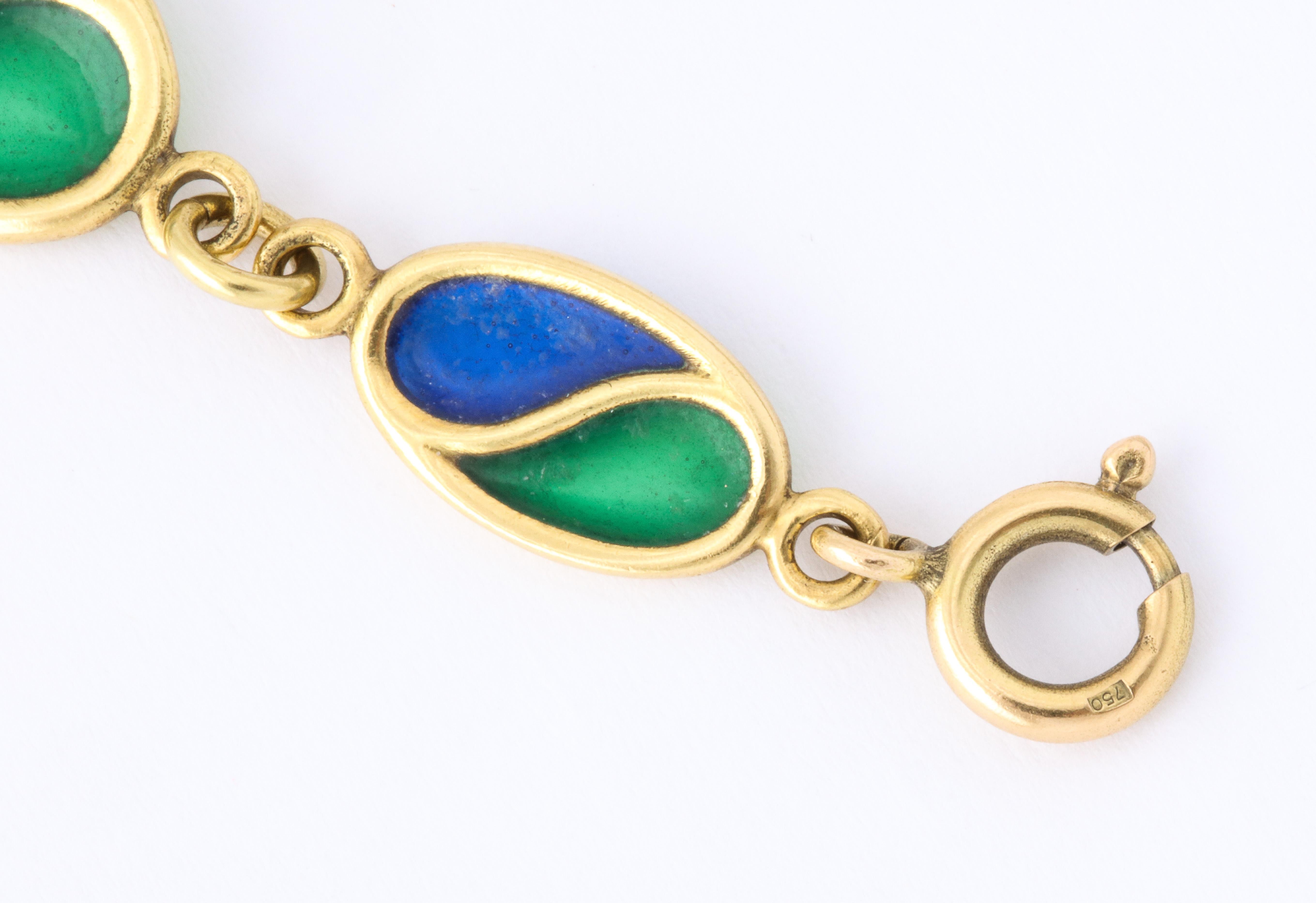 Lange Goldkette mit blau-grüner Plique-A-Jour-Emaille aus den 1960er Jahren 5