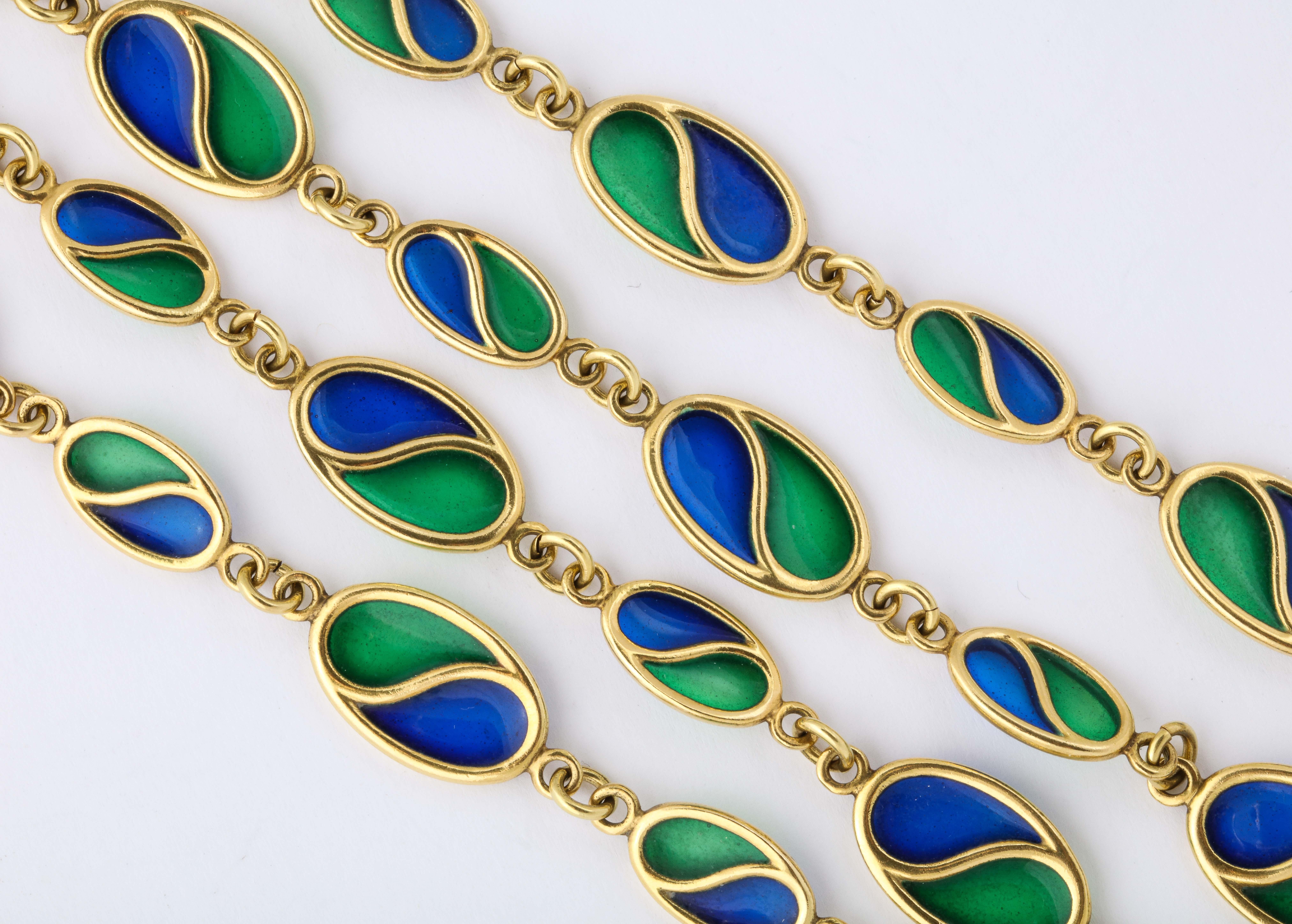 Art Nouveau 1960s Blue Green Plique-A-Jour Enamel Long Gold Chain For Sale