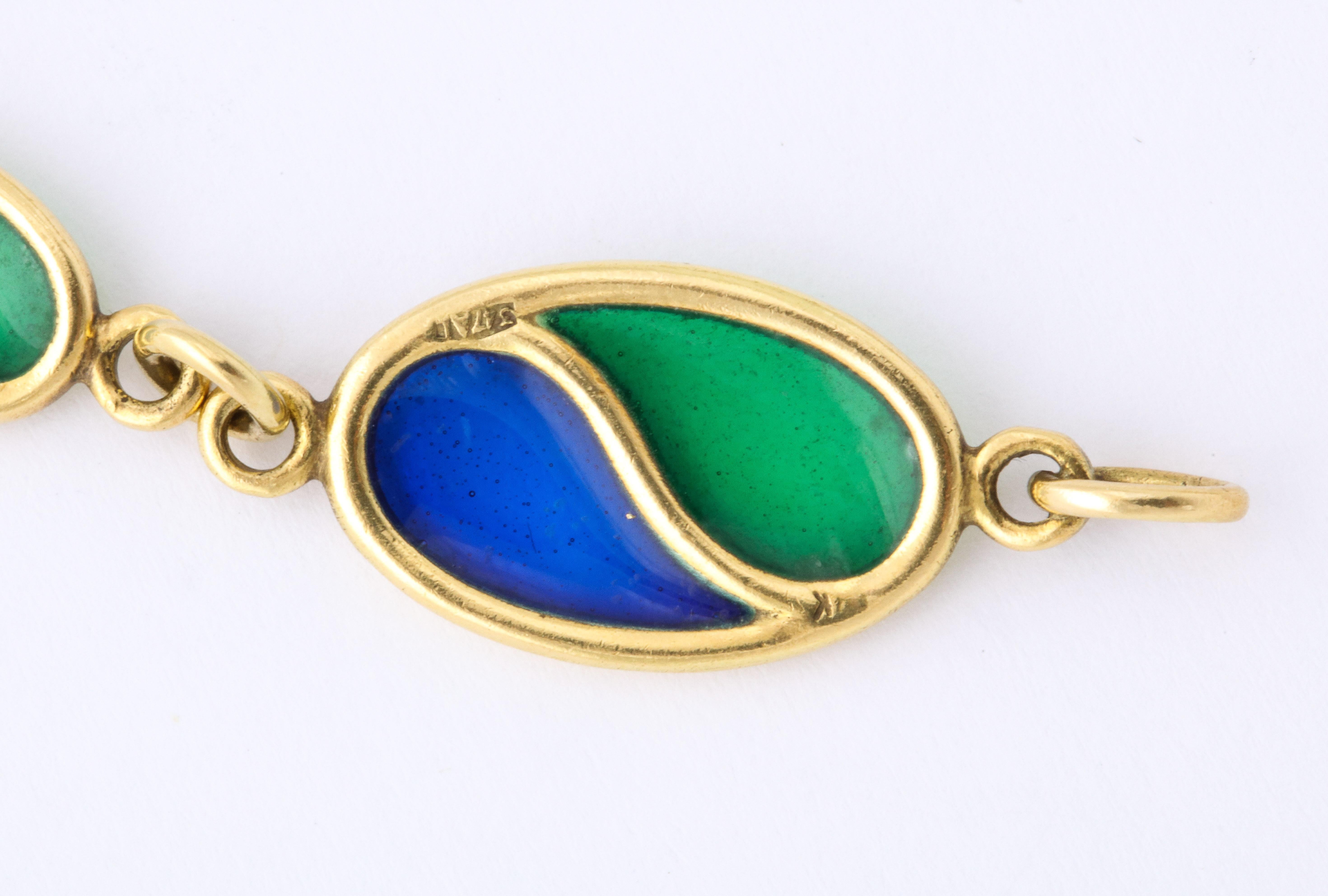 Women's 1960s Blue Green Plique-A-Jour Enamel Long Gold Chain For Sale