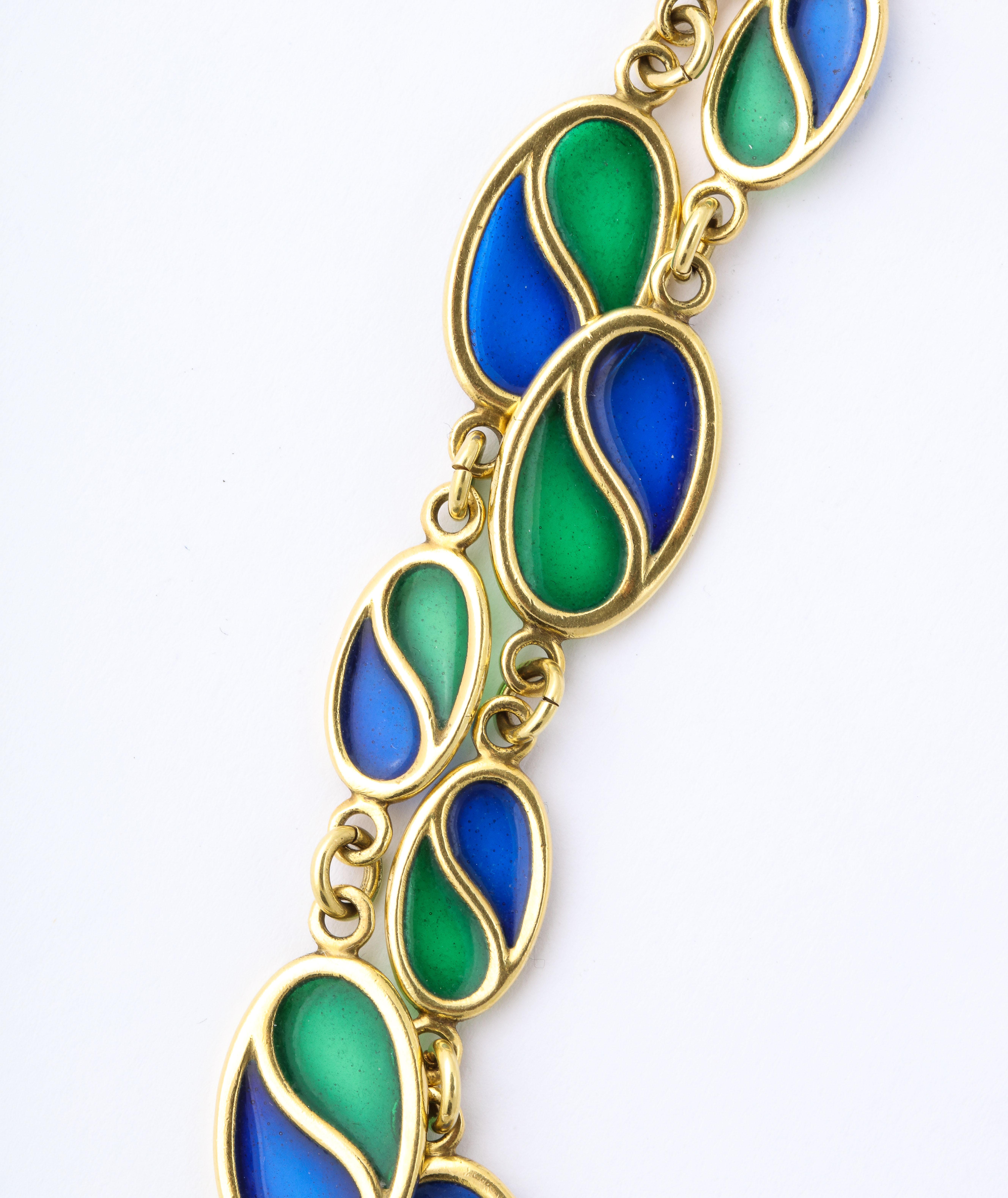 1960s Blue Green Plique-A-Jour Enamel Long Gold Chain For Sale 1