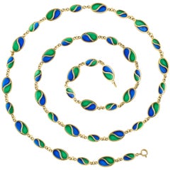 1960s Blue Green Plique-A-Jour Enamel Long Gold Chain