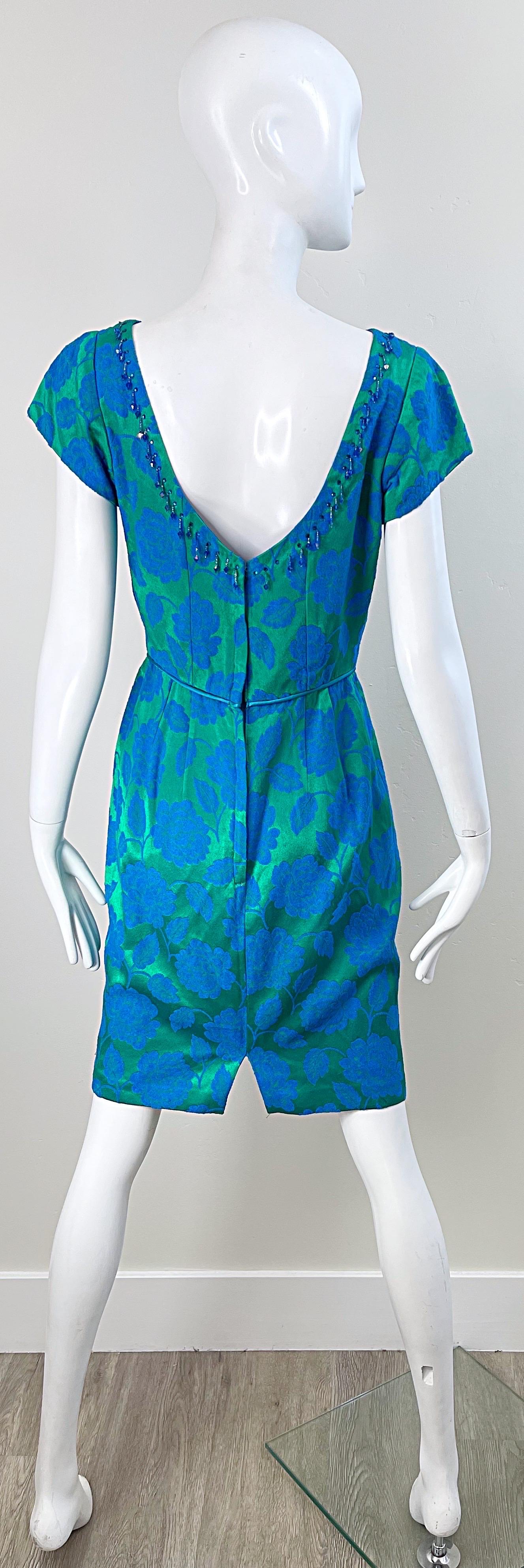 1960s Blue + Green Silk Damask Beaded Short Sleeve Vintage 60s Sheath Dress For Sale 4
