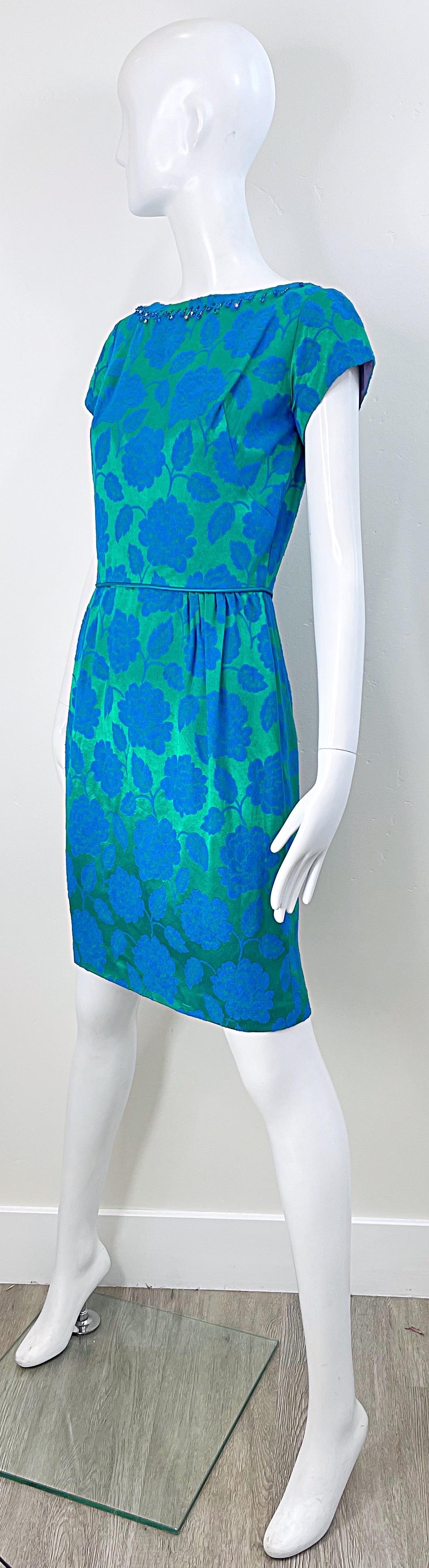 1960s Blue + Green Silk Damask Beaded Short Sleeve Vintage 60s Sheath Dress For Sale 5