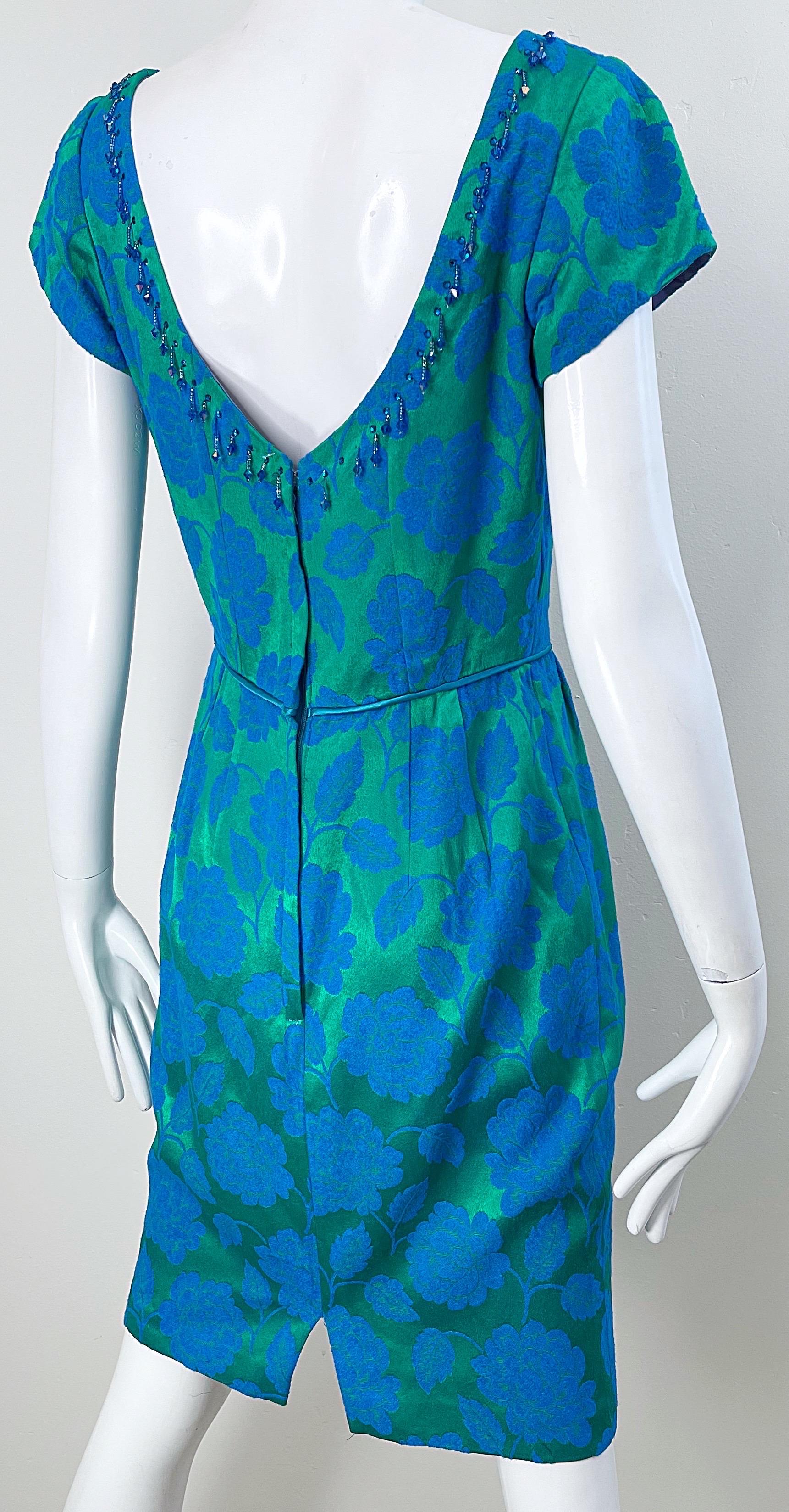 1960s Blue + Green Silk Damask Beaded Short Sleeve Vintage 60s Sheath Dress For Sale 6