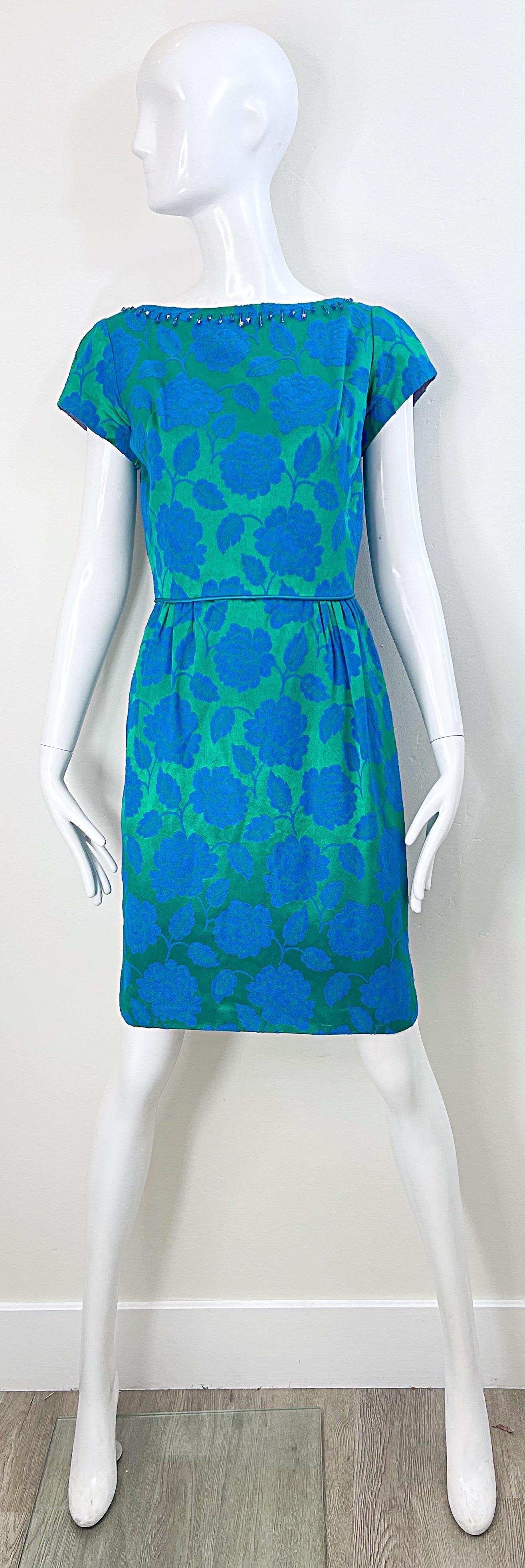 1960s Blue + Green Silk Damask Beaded Short Sleeve Vintage 60s Sheath Dress For Sale 7