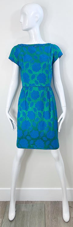 1960s Blue + Green Silk Damask Beaded Short Sleeve Vintage 60s Sheath Dress