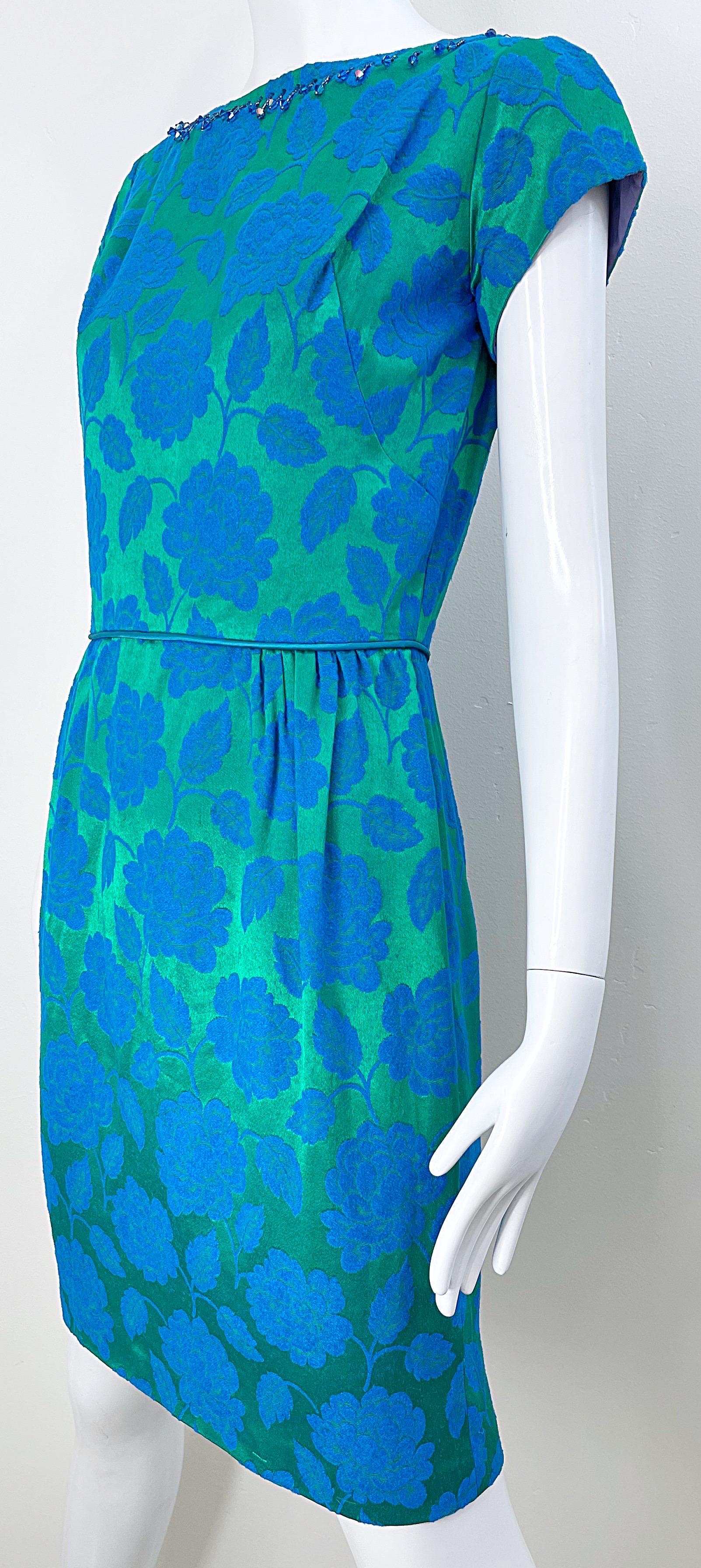 1960s Blue + Green Silk Damask Beaded Short Sleeve Vintage 60s Sheath Dress In Excellent Condition In San Diego, CA