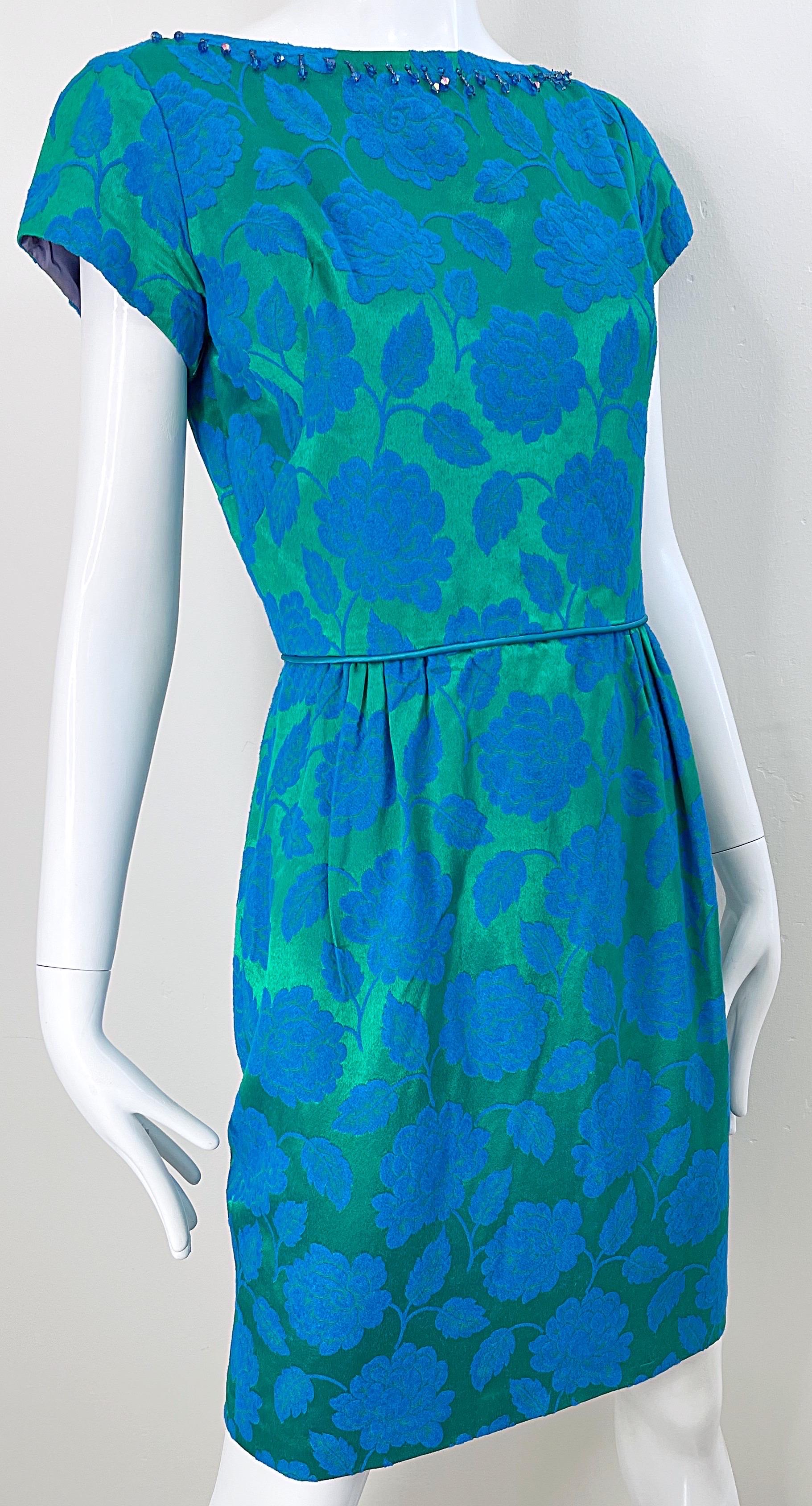 Women's 1960s Blue + Green Silk Damask Beaded Short Sleeve Vintage 60s Sheath Dress For Sale
