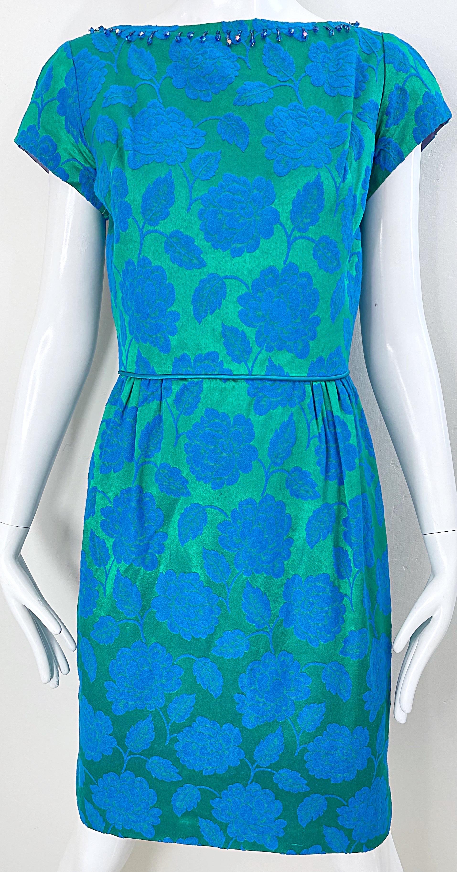 1960s Blue + Green Silk Damask Beaded Short Sleeve Vintage 60s Sheath Dress For Sale 1