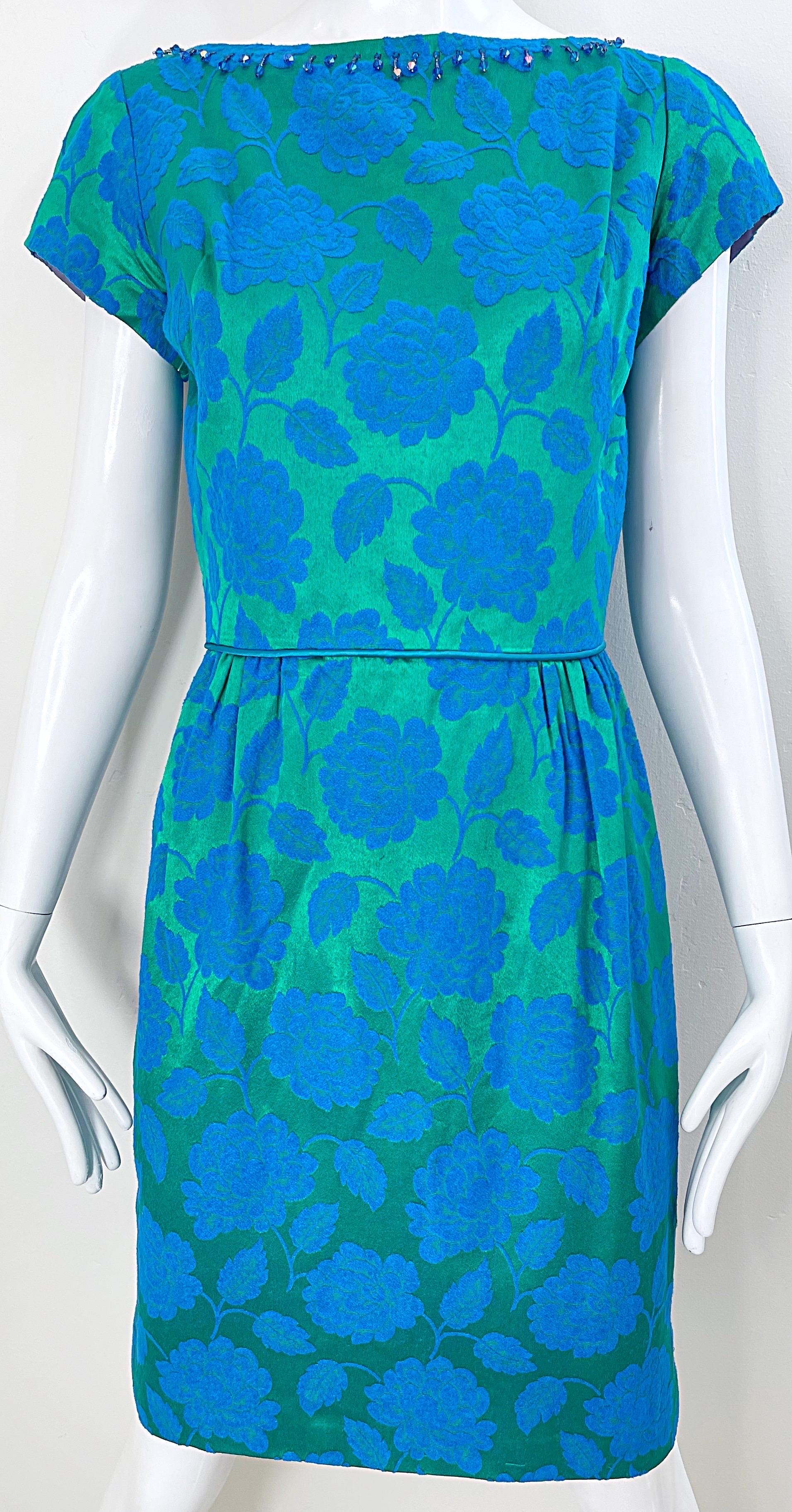 1960s Blue + Green Silk Damask Beaded Short Sleeve Vintage 60s Sheath Dress 1