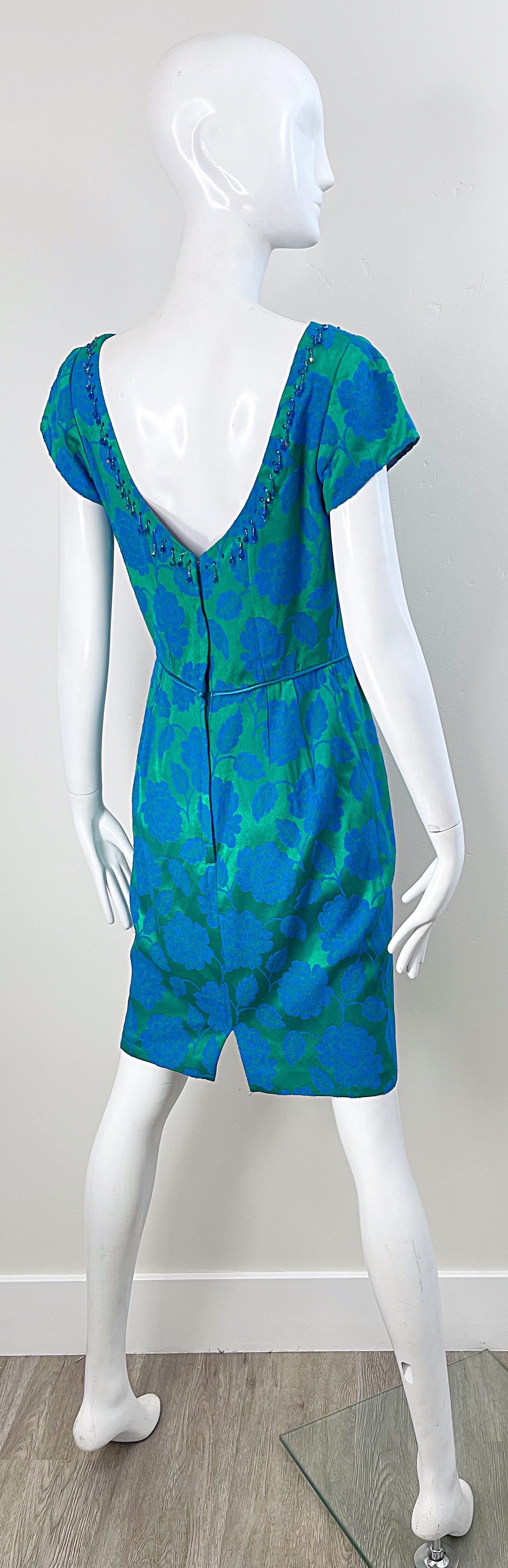 1960s Blue + Green Silk Damask Beaded Short Sleeve Vintage 60s Sheath Dress For Sale 2