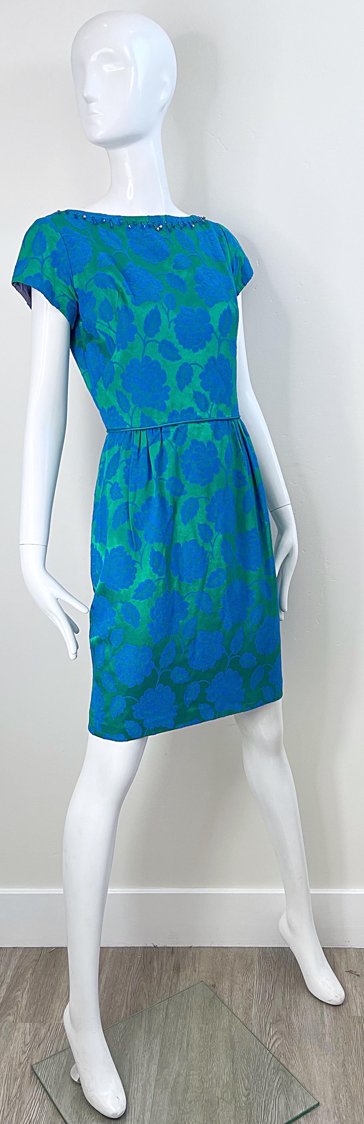1960s Blue + Green Silk Damask Beaded Short Sleeve Vintage 60s Sheath Dress For Sale 3