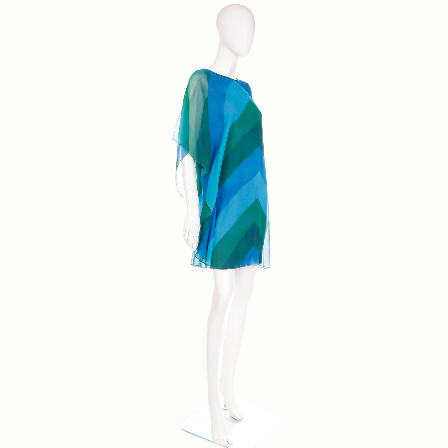 1960s Blue & Green Silk Chiffon Dress Chevron Stripe Print With Dramatic Sleeves In Excellent Condition For Sale In Portland, OR