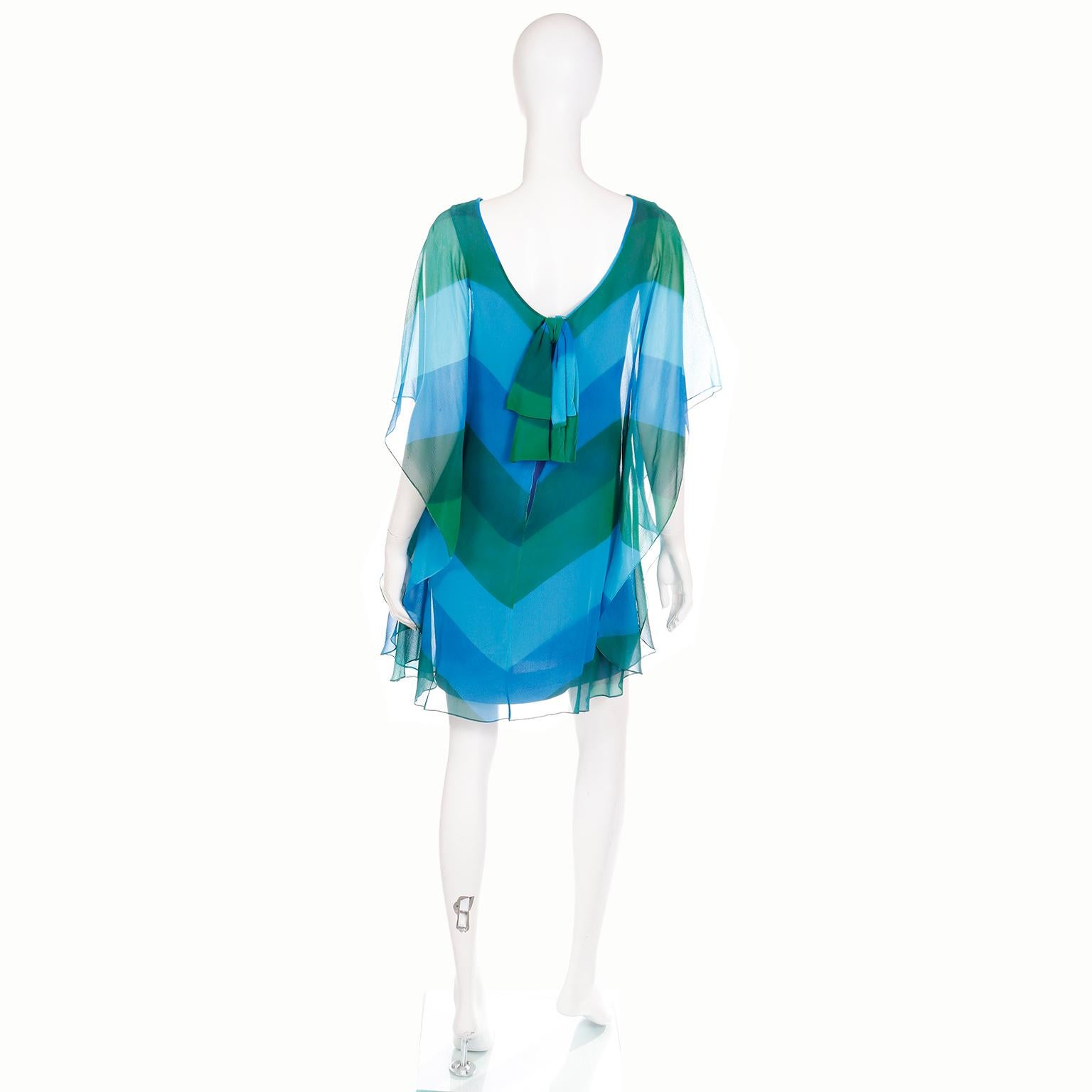 Women's 1960s Blue & Green Silk Chiffon Dress Chevron Stripe Print With Dramatic Sleeves For Sale